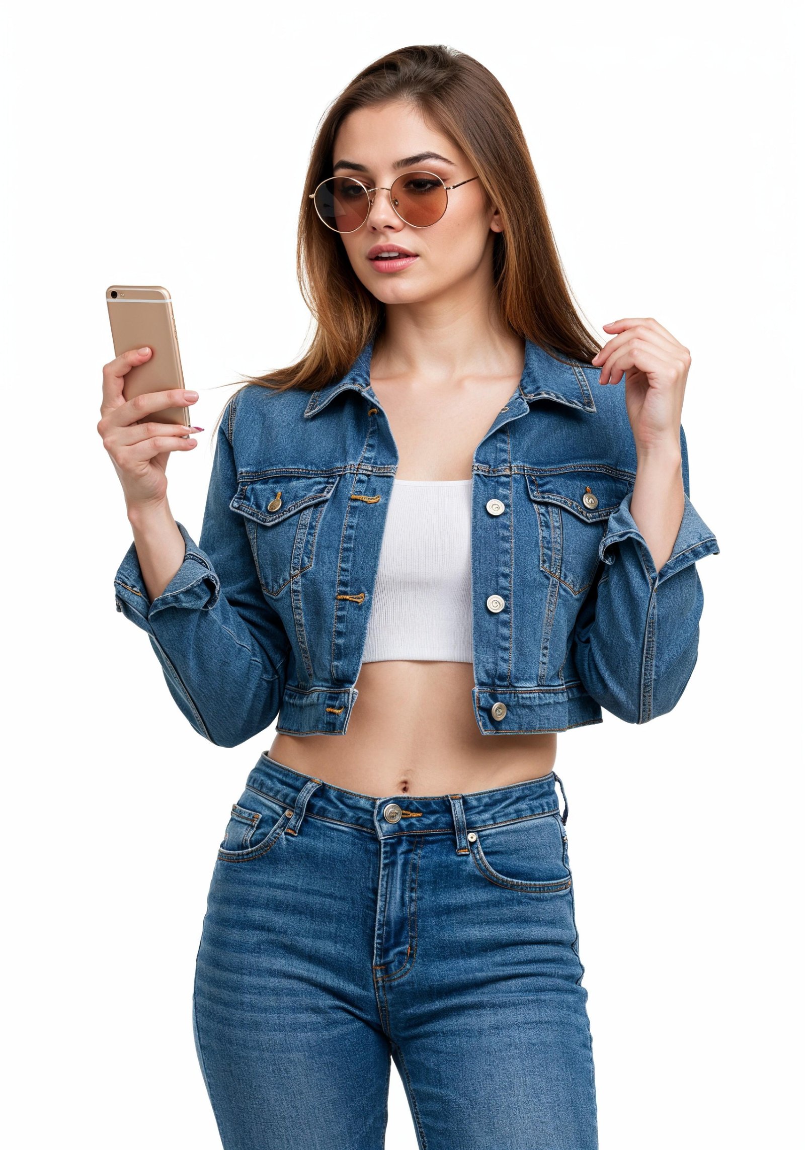 Stylish Young Woman in Denim Jacket and Jeans Casual Street Fashion Portrait
