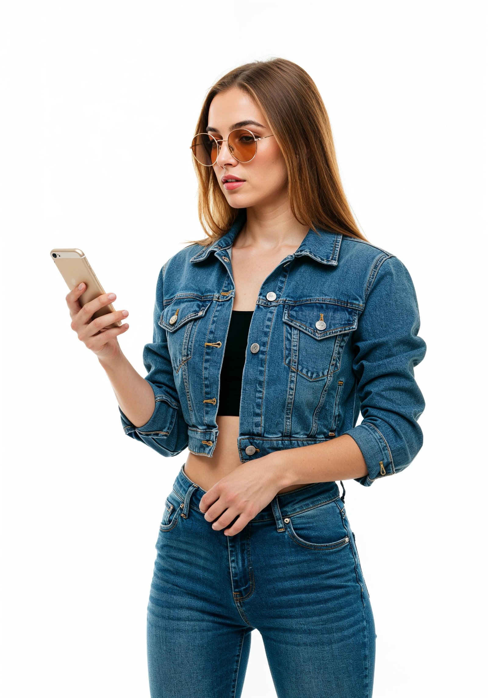 Stylish Young Woman in Denim Jacket and Jeans Casual Street Fashion Portrait