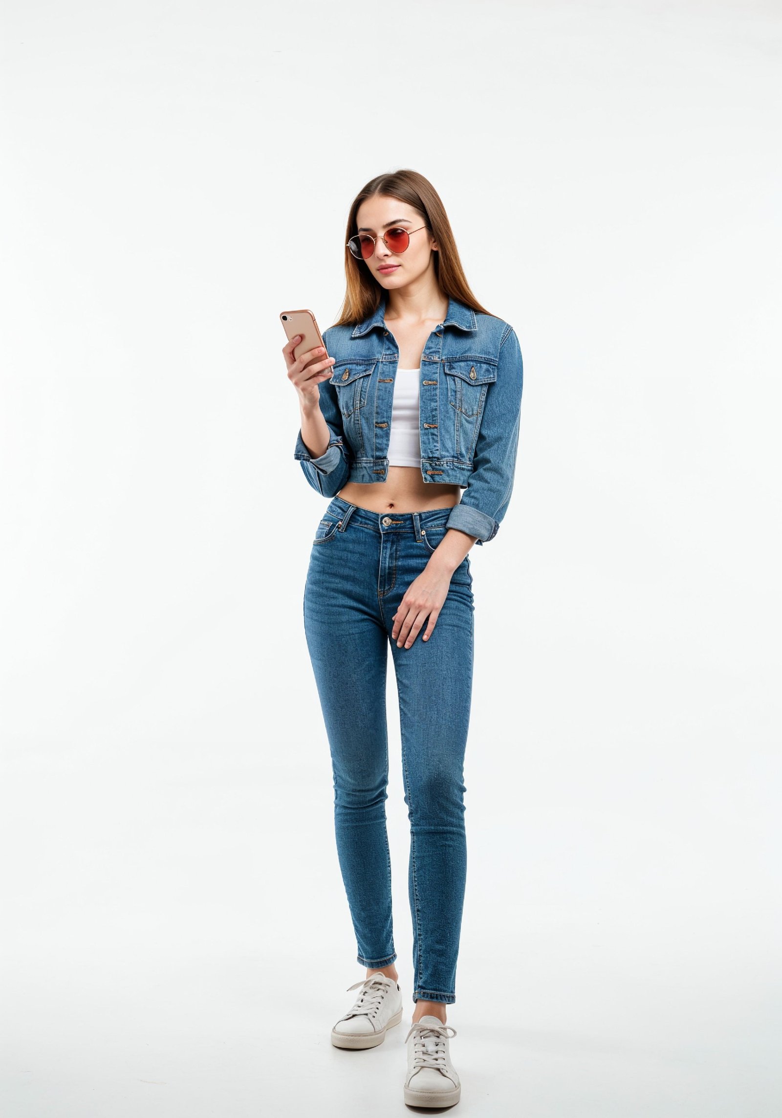 Stylish Young Woman in Denim Jacket and Jeans Casual Street Fashion Portrait