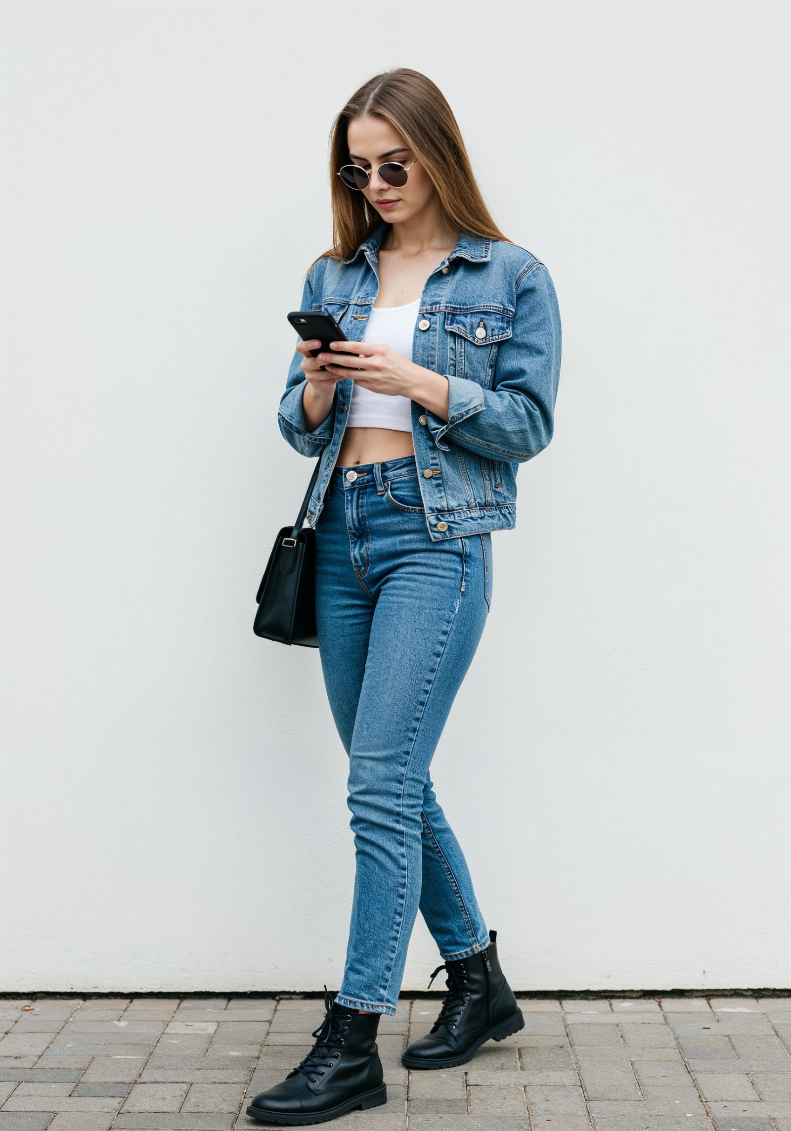 Stylish Young Woman in Denim Jacket and Jeans Casual Street Fashion Portrait