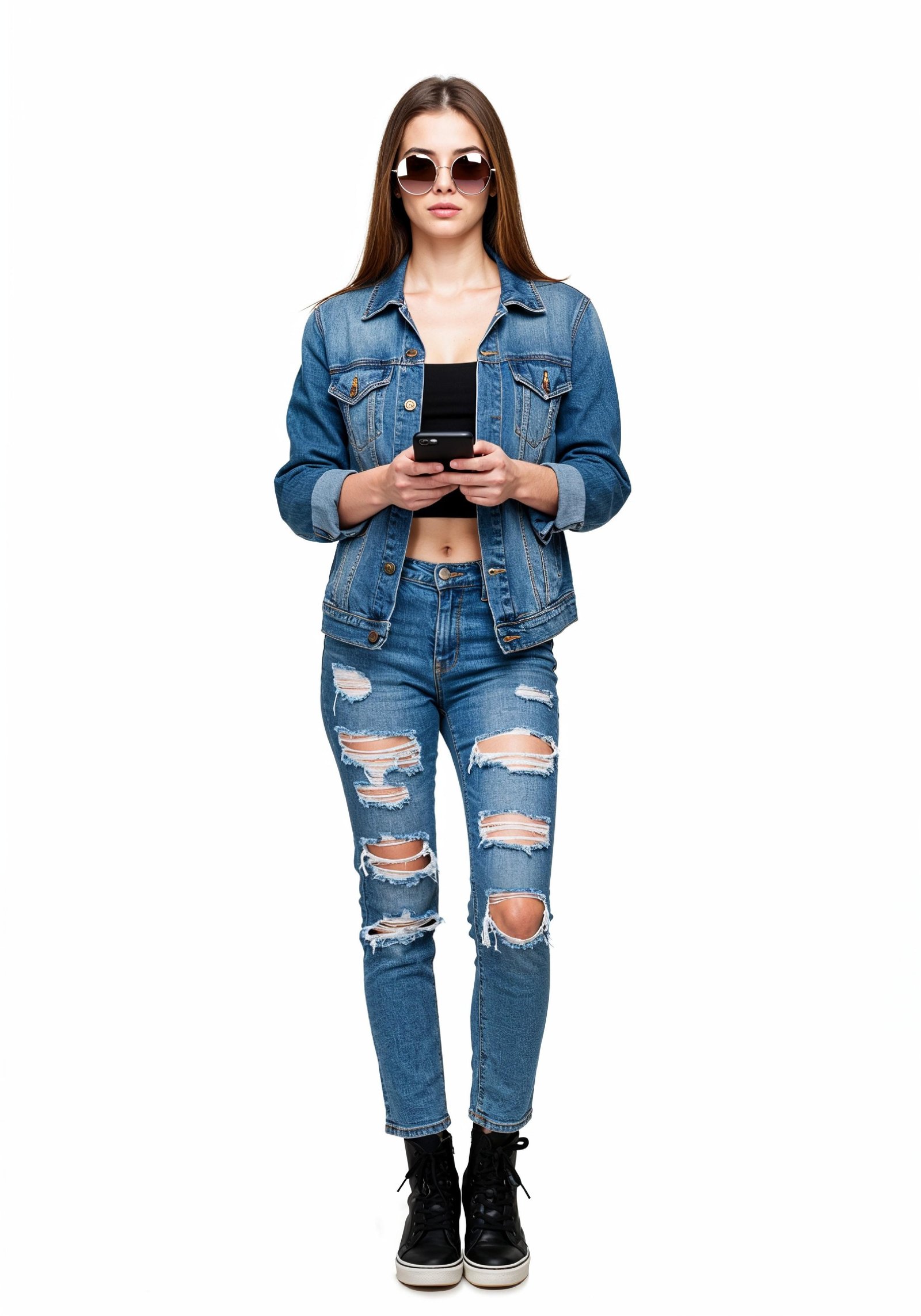 Stylish Young Woman in Denim Jacket and Jeans Casual Street Fashion Portrait