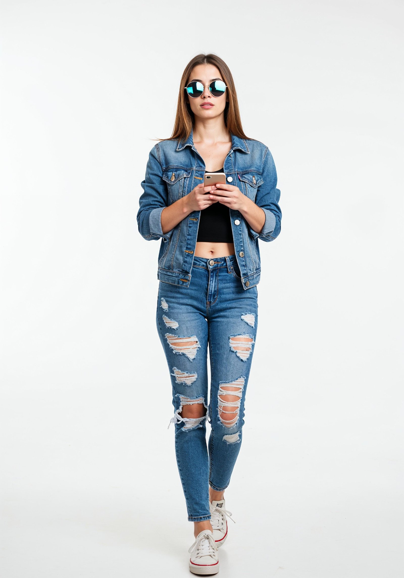 Stylish Young Woman in Denim Jacket and Jeans Casual Street Fashion Portrait
