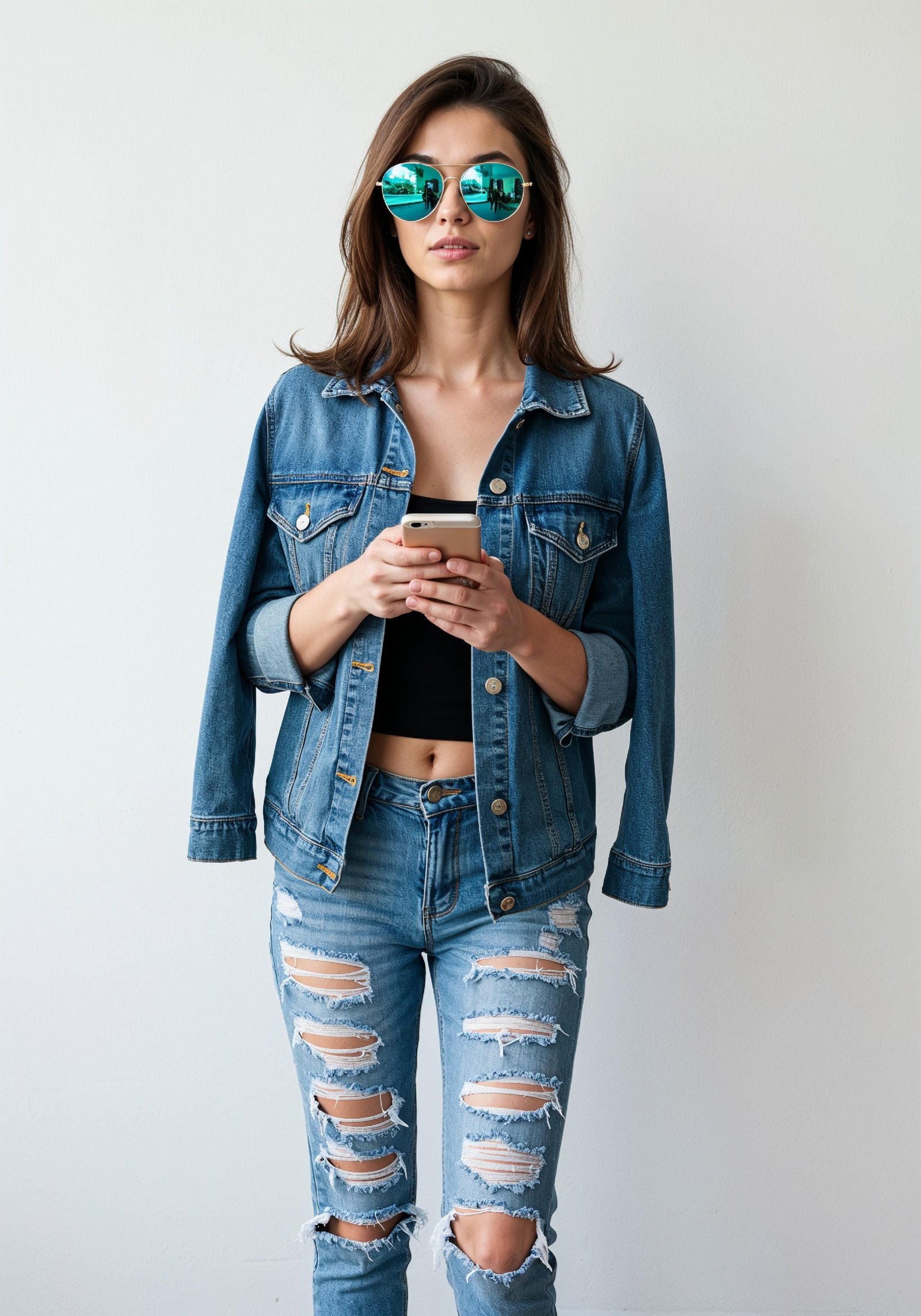 Stylish Young Woman in Denim Jacket and Jeans Casual Street Fashion Portrait