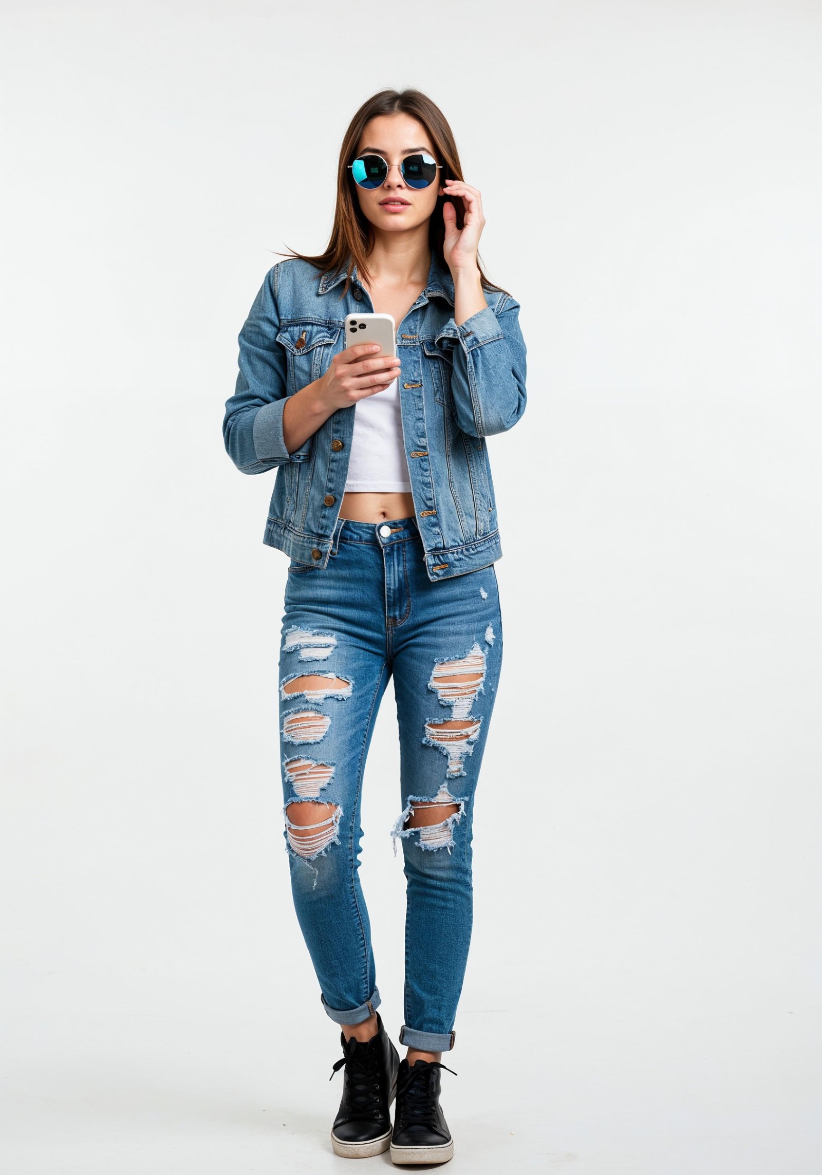 Stylish Young Woman in Denim Jacket and Jeans Casual Street Fashion Portrait
