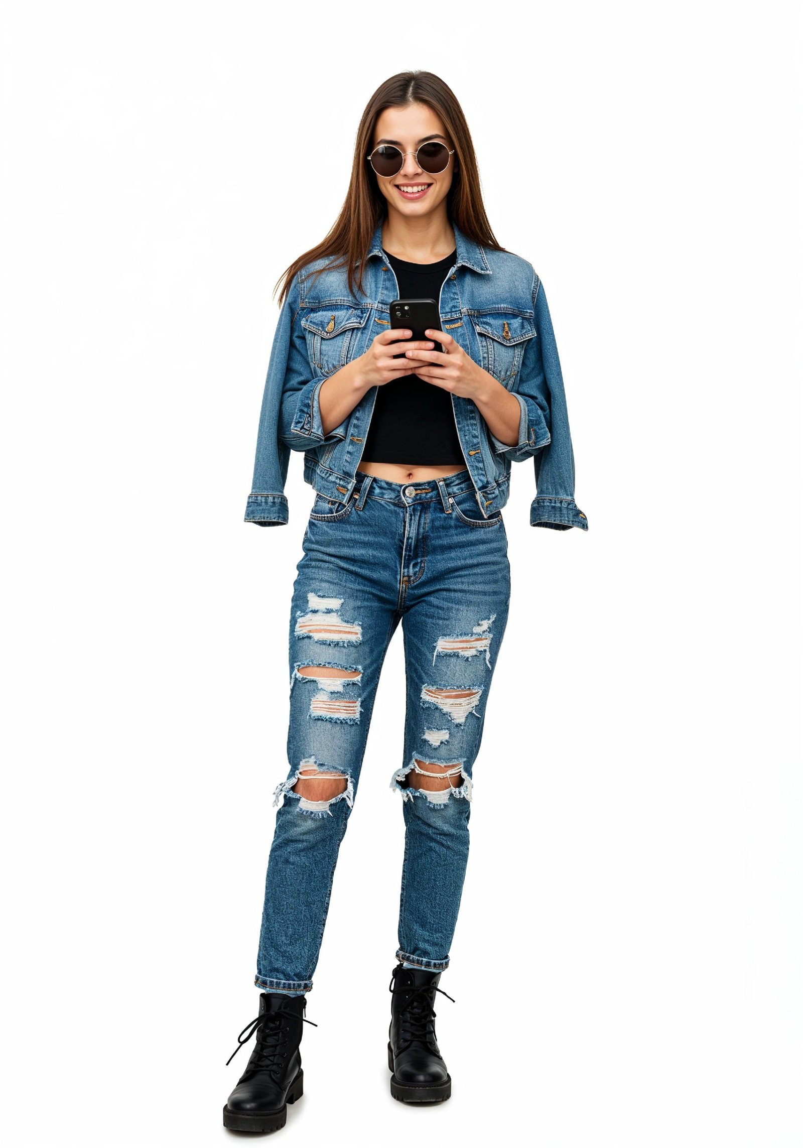 Stylish Young Woman in Denim Jacket and Jeans Casual Street Fashion Portrait