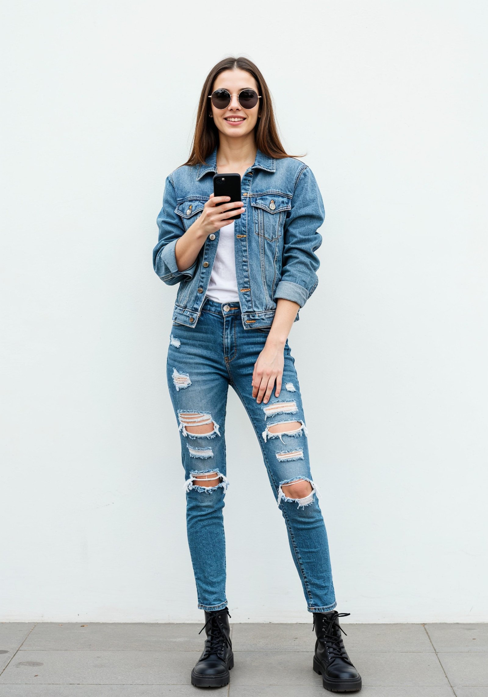 Stylish Young Woman in Denim Jacket and Jeans Casual Street Fashion Portrait