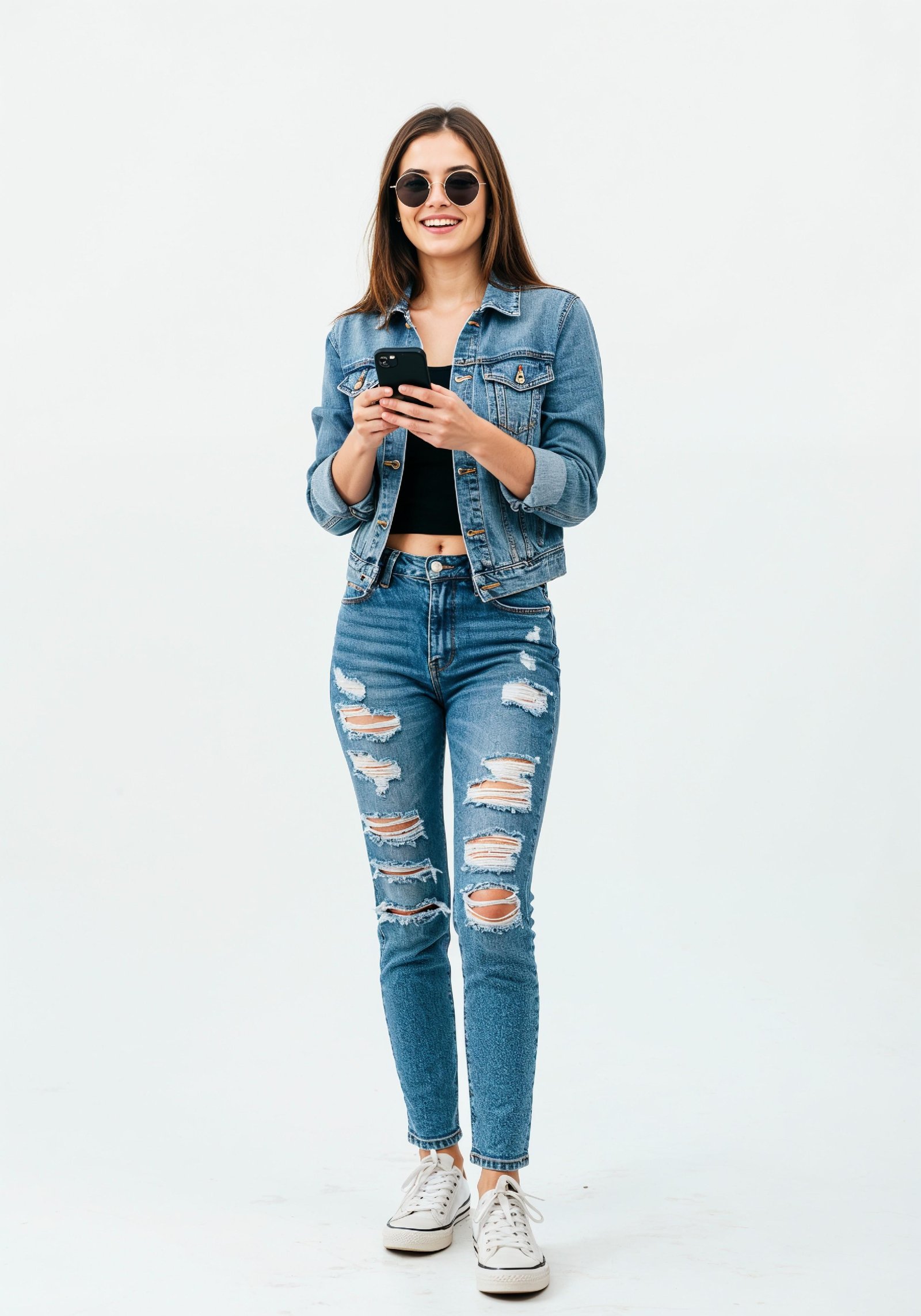 Stylish Young Woman in Denim Jacket and Jeans Casual Street Fashion Portrait