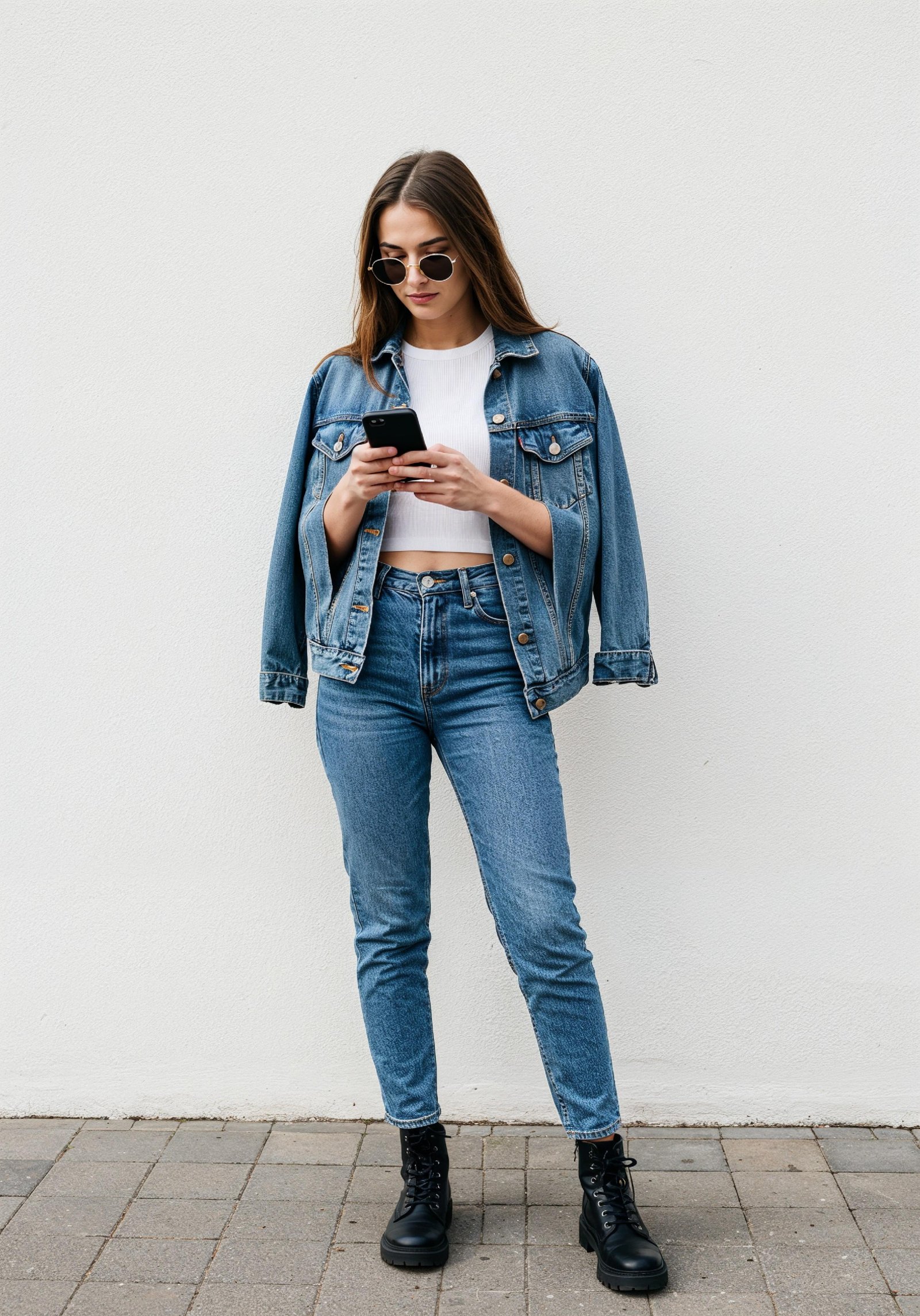 Stylish Young Woman in Denim Jacket and Jeans Casual Street Fashion Portrait