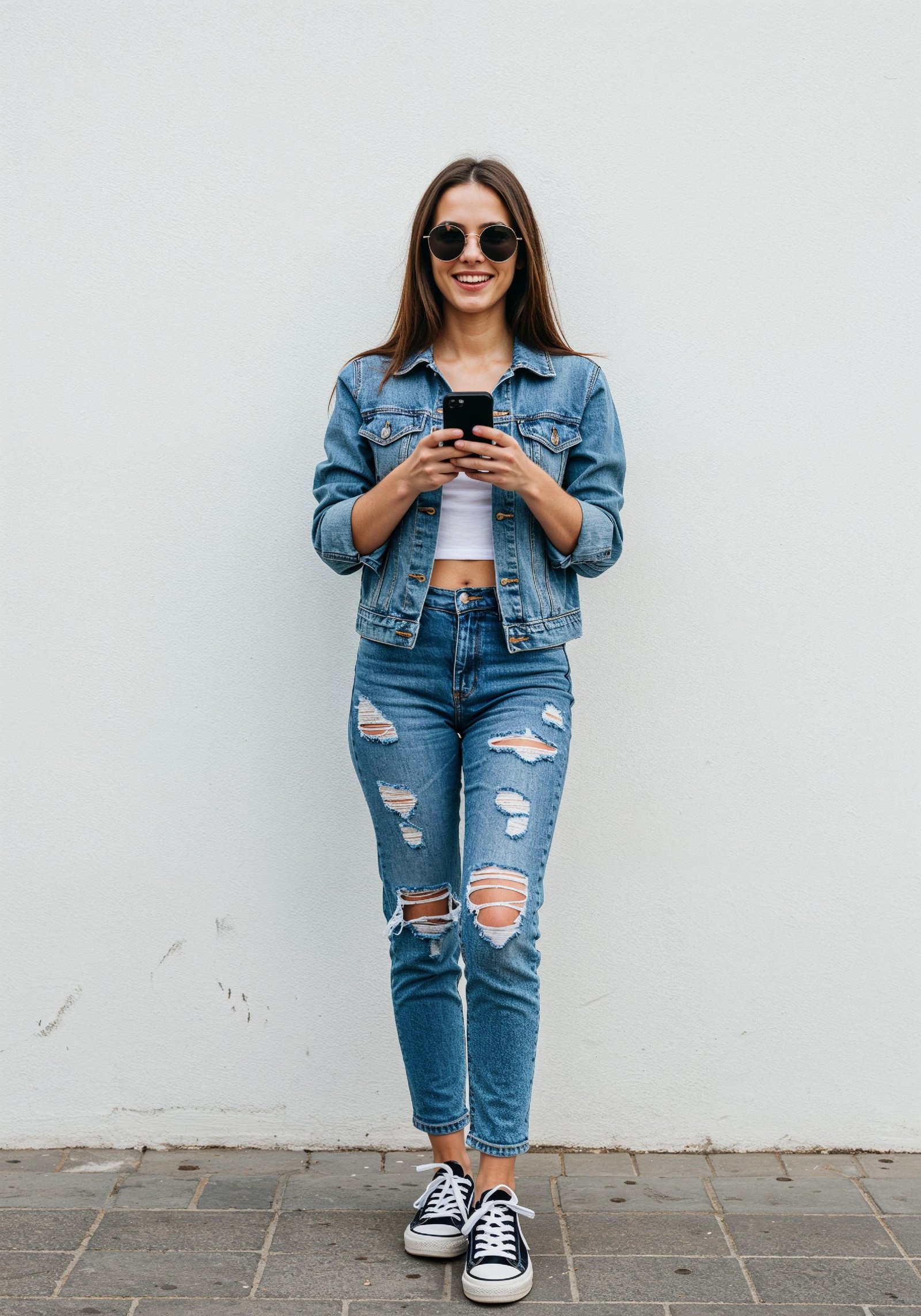 Stylish Young Woman in Denim Jacket and Jeans Casual Street Fashion Portrait