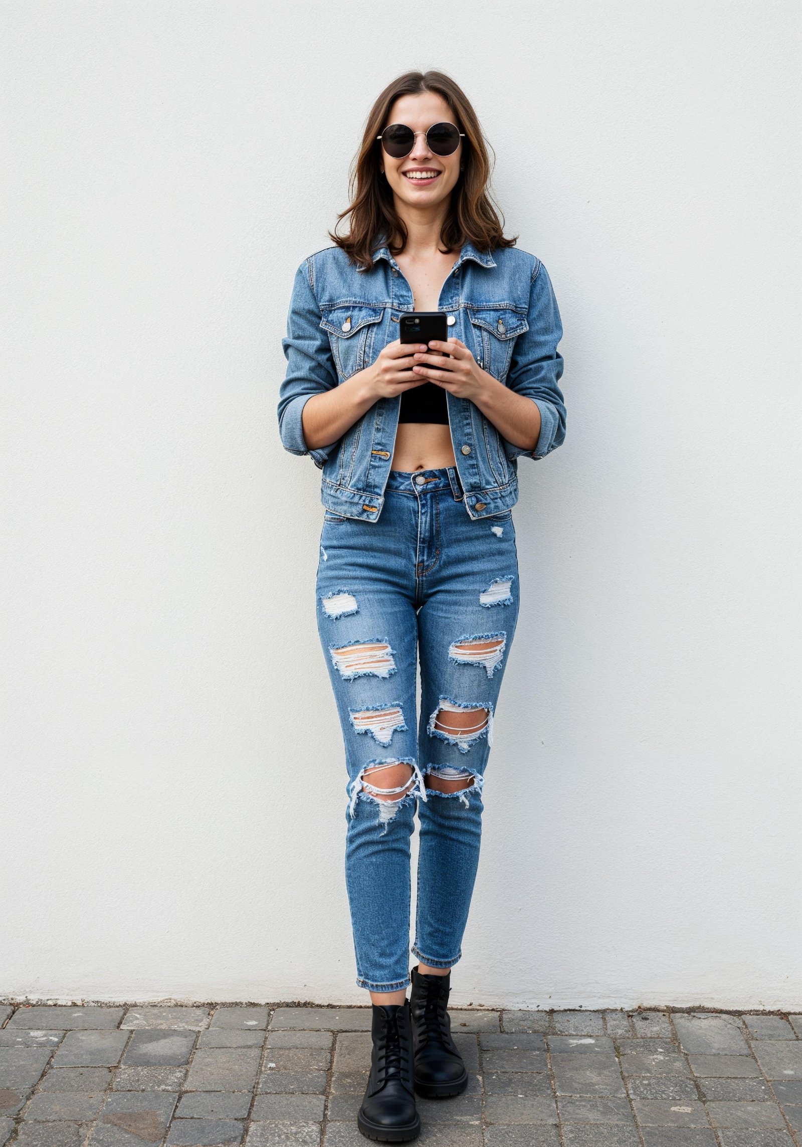 Stylish Young Woman in Denim Jacket and Jeans Casual Street Fashion Portrait