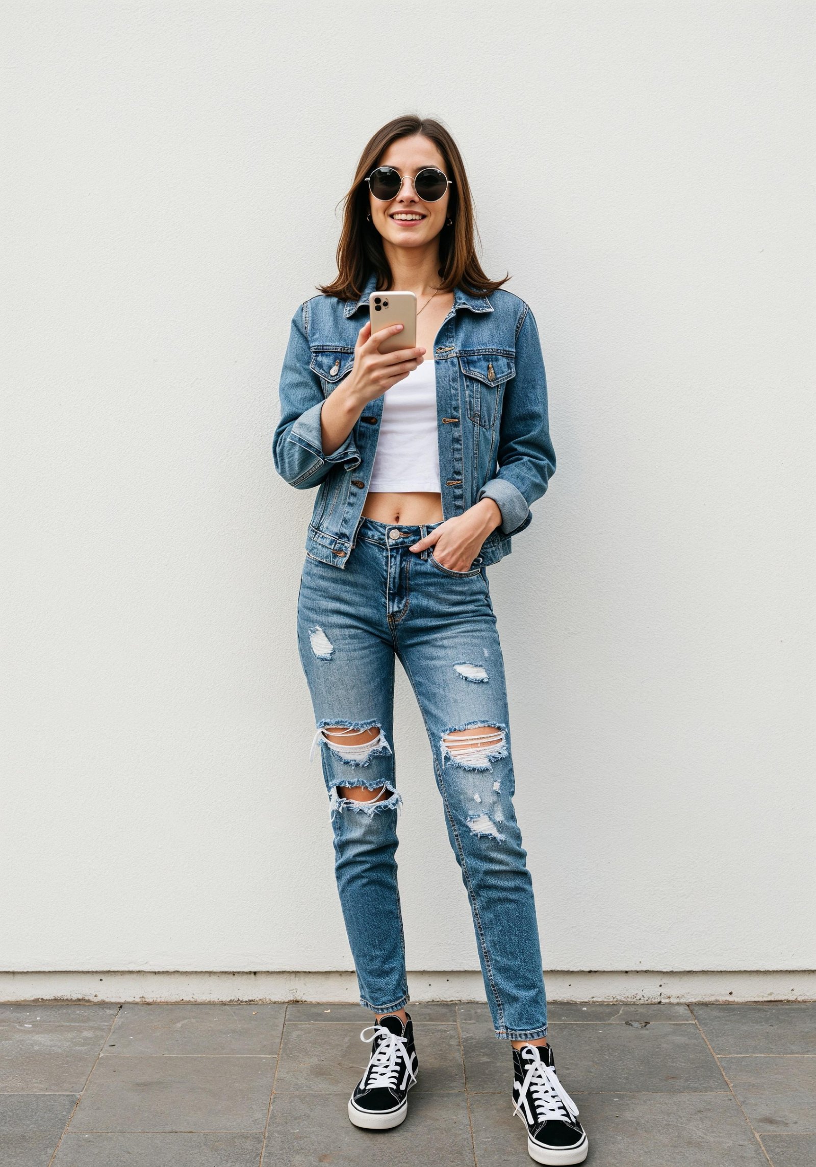 Stylish Young Woman in Denim Jacket and Jeans Casual Street Fashion Portrait