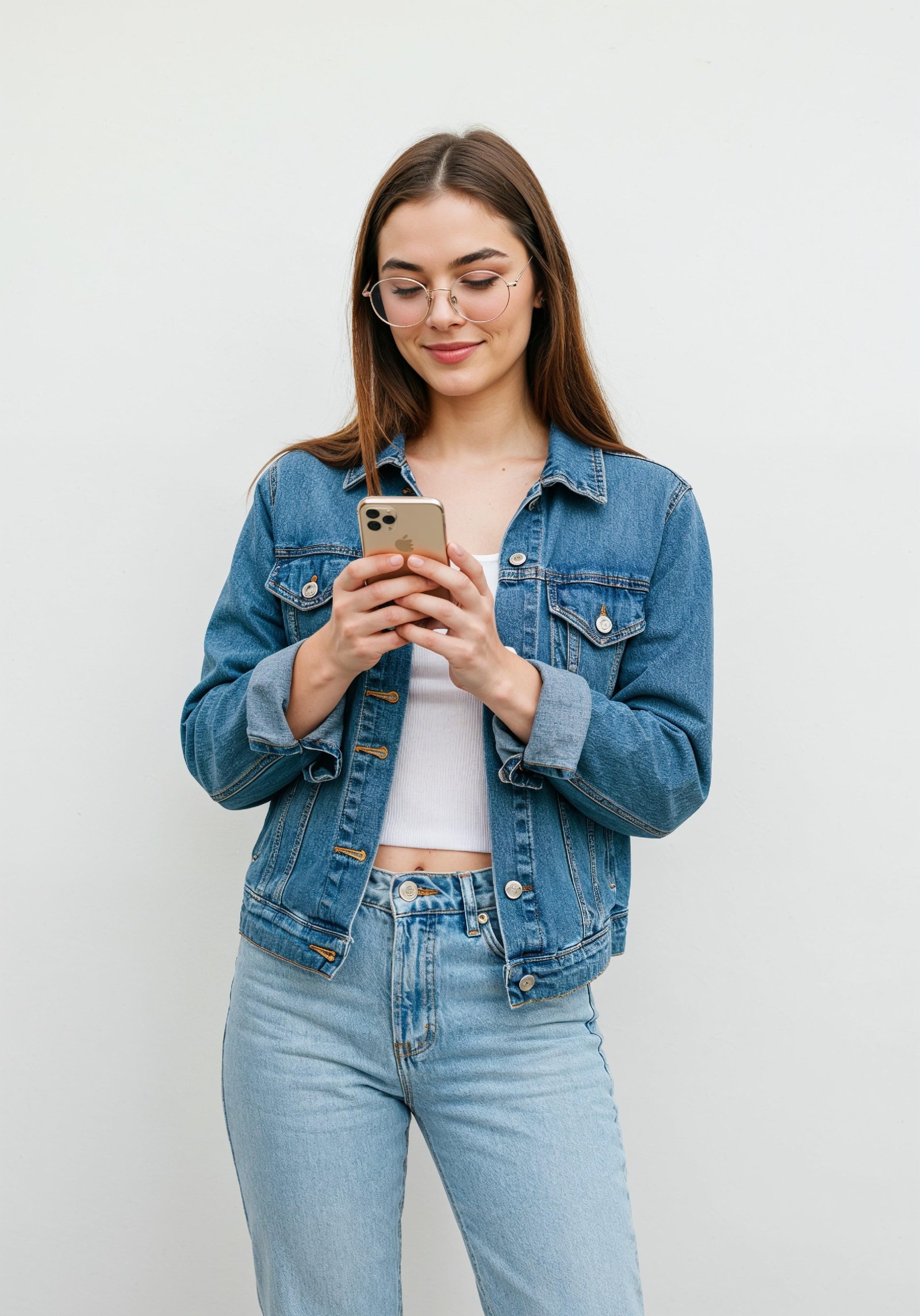 Stylish Young Woman in Denim Jacket and Jeans Casual Street Fashion Portrait
