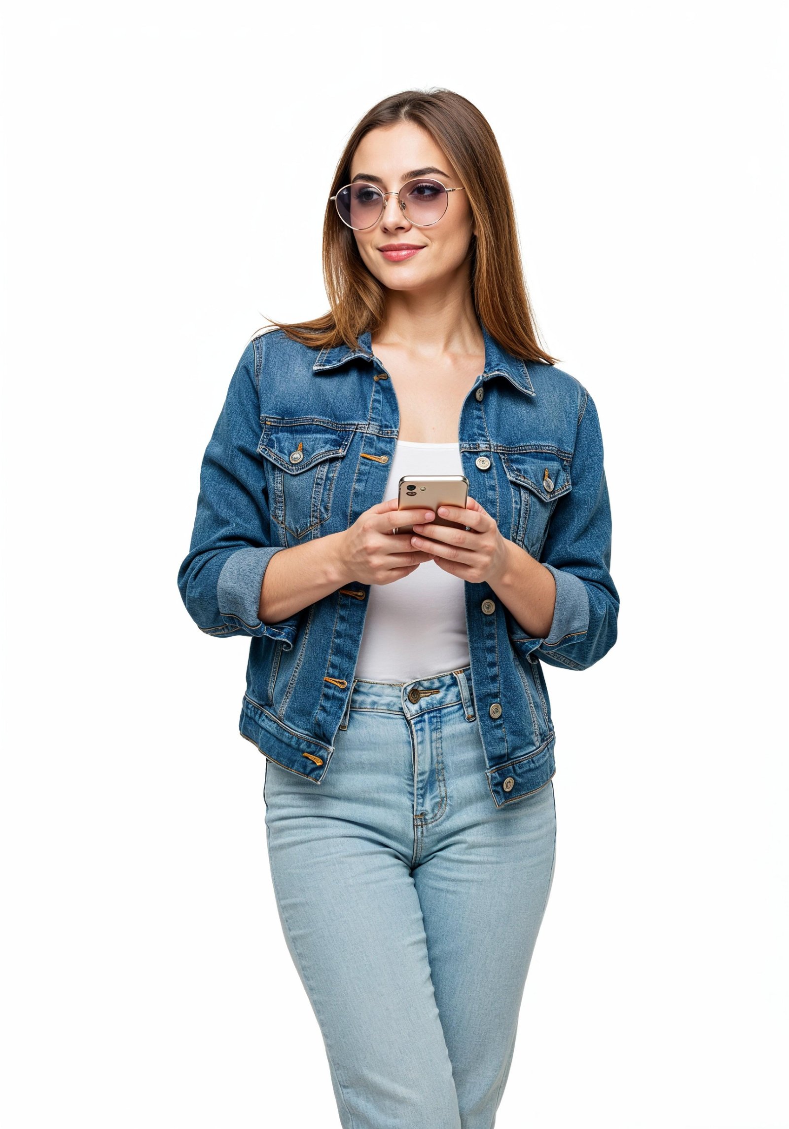 Stylish Young Woman in Denim Jacket and Jeans Casual Street Fashion Portrait