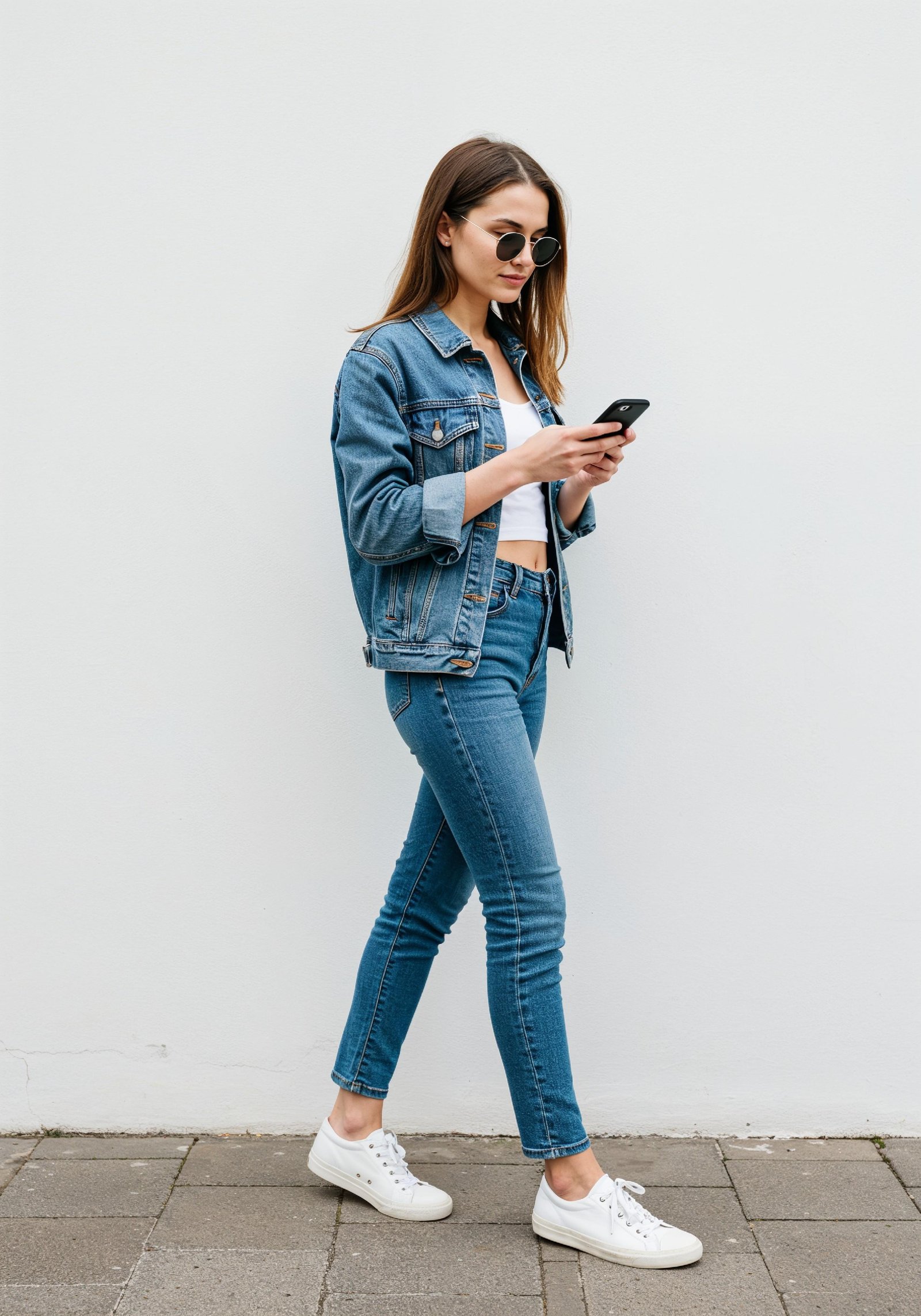 Stylish Young Woman in Denim Jacket and Jeans Casual Street Fashion Portrait