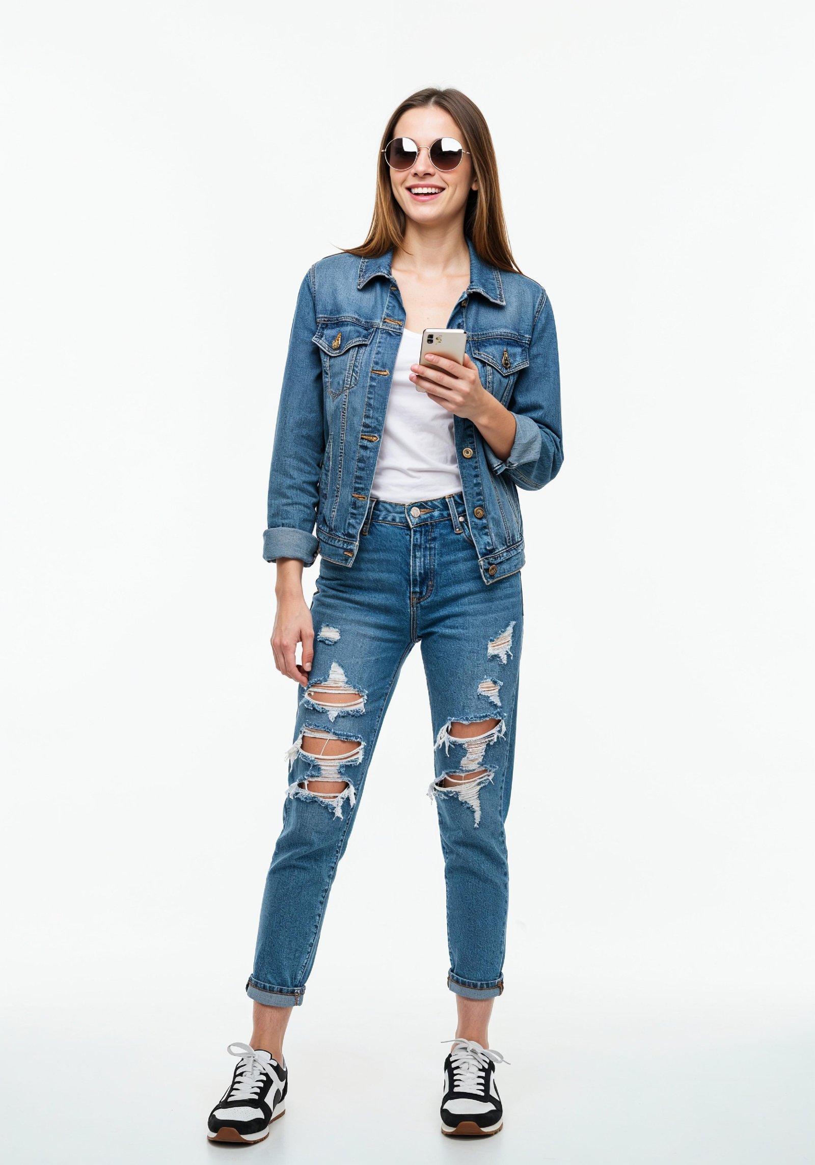 Stylish Young Woman in Denim Jacket and Jeans Casual Street Fashion Portrait
