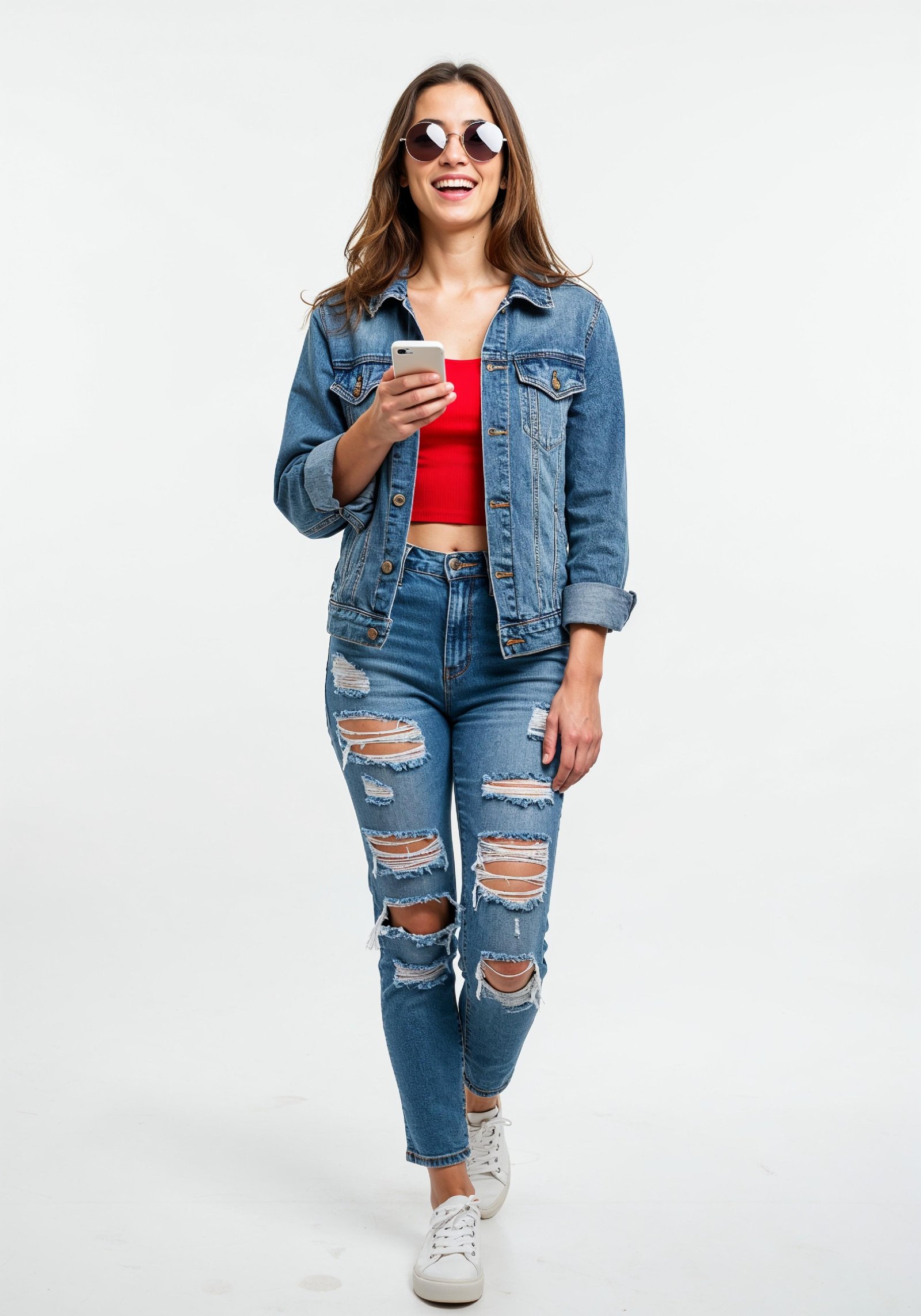 Stylish Young Woman in Denim Jacket and Jeans Casual Street Fashion Portrait