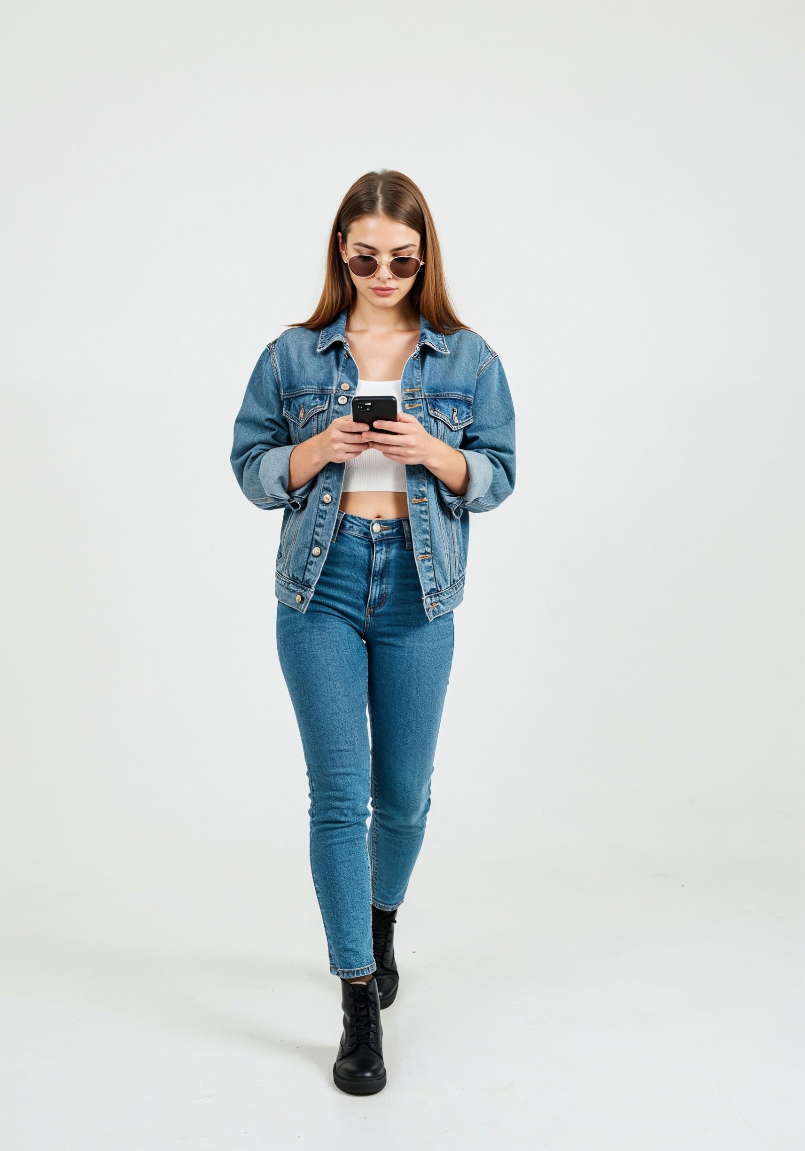 Stylish Young Woman in Denim Jacket and Jeans Casual Street Fashion Portrait