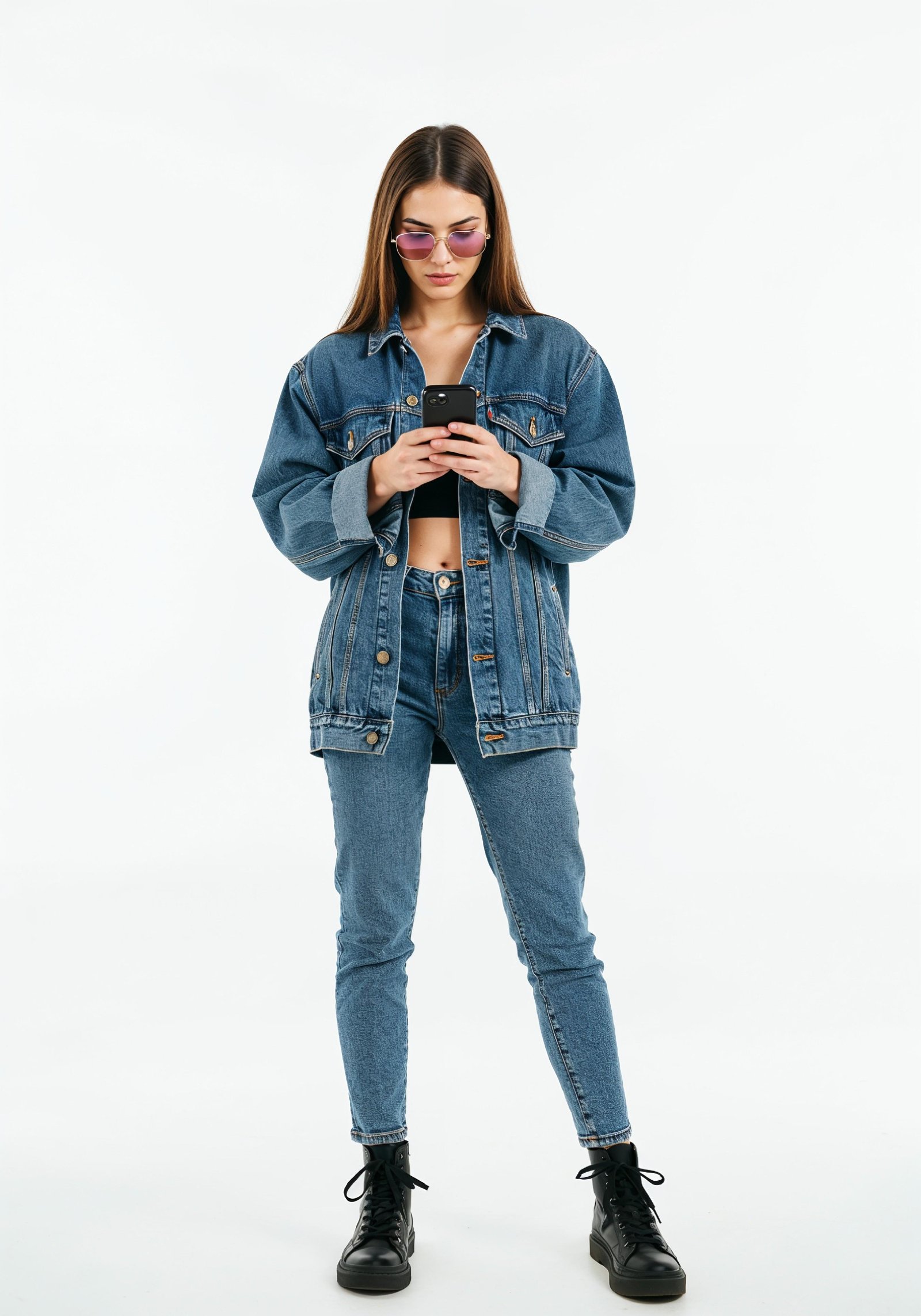 Stylish Young Woman in Denim Jacket and Jeans Casual Street Fashion Portrait