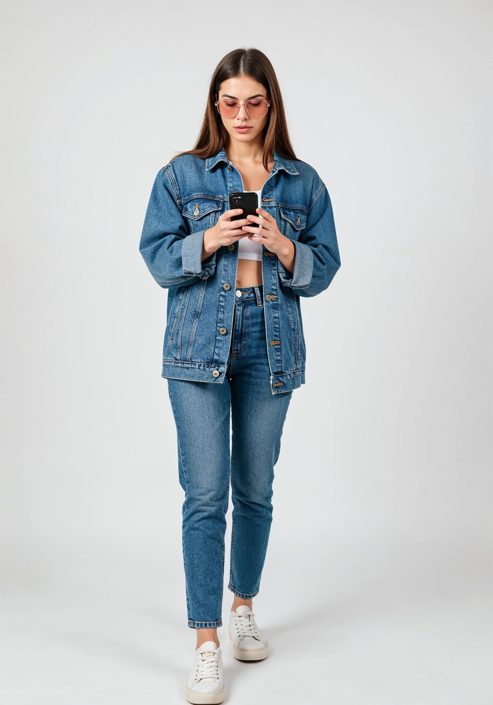 Stylish Young Woman in Denim Jacket and Jeans Casual Street Fashion Portrait