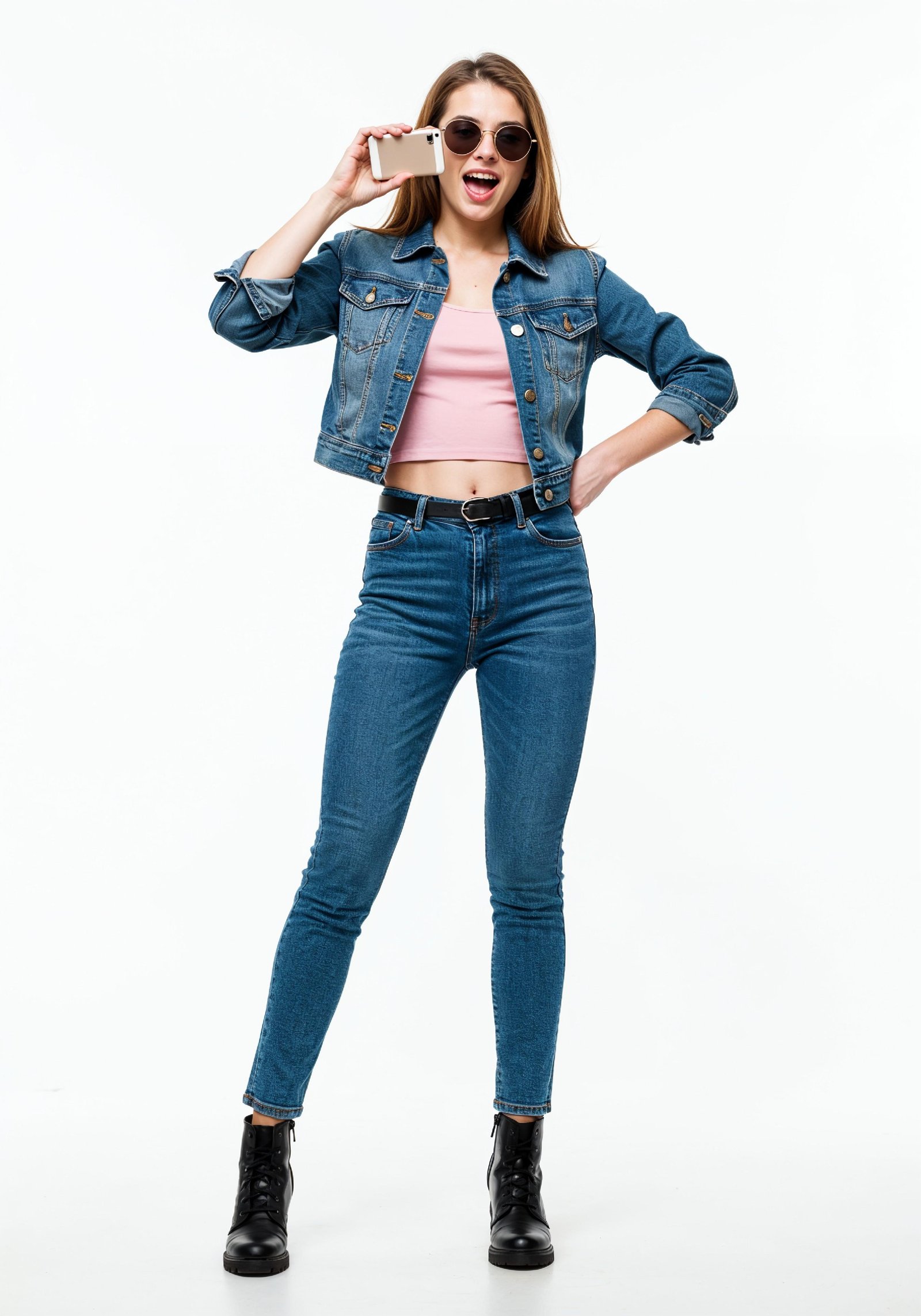Stylish Young Woman in Denim Jacket and Jeans Casual Street Fashion Portrait