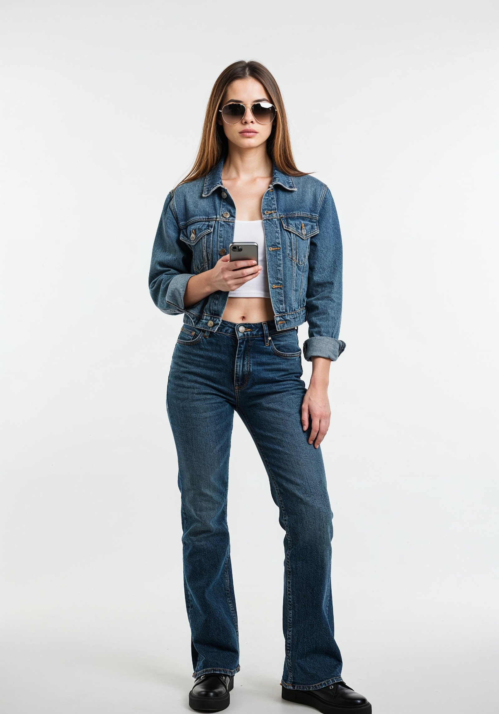 Stylish Young Woman in Denim Jacket and Jeans Casual Street Fashion Portrait