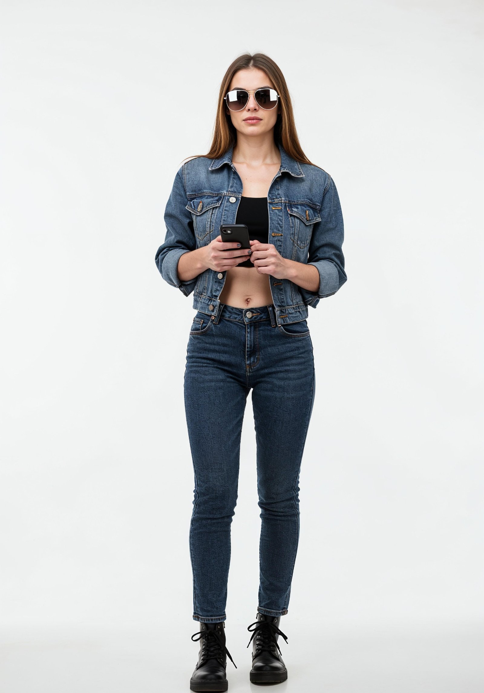 Stylish Young Woman in Denim Jacket and Jeans Casual Street Fashion Portrait