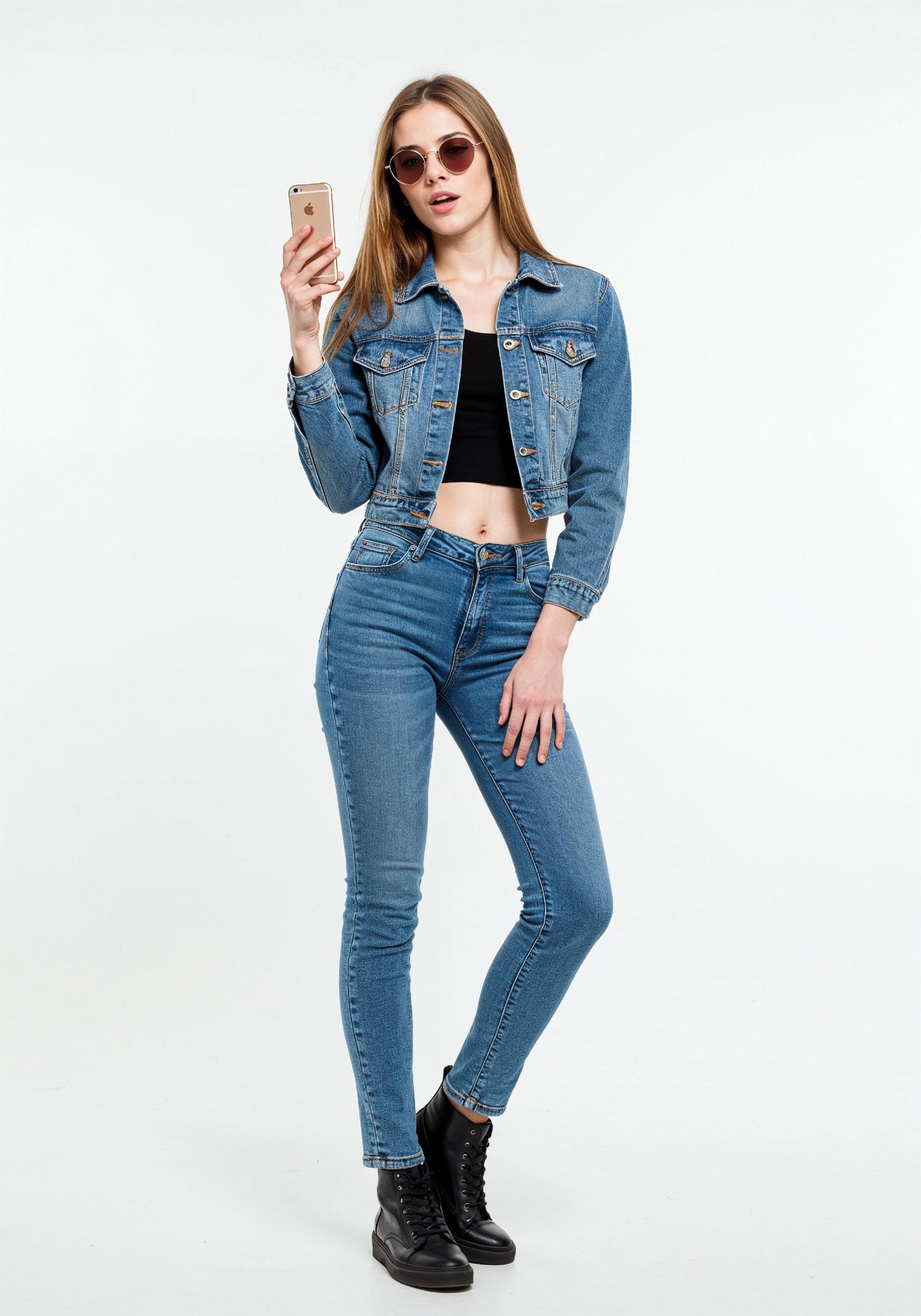 Stylish Young Woman in Denim Jacket and Jeans Casual Street Fashion Portrait