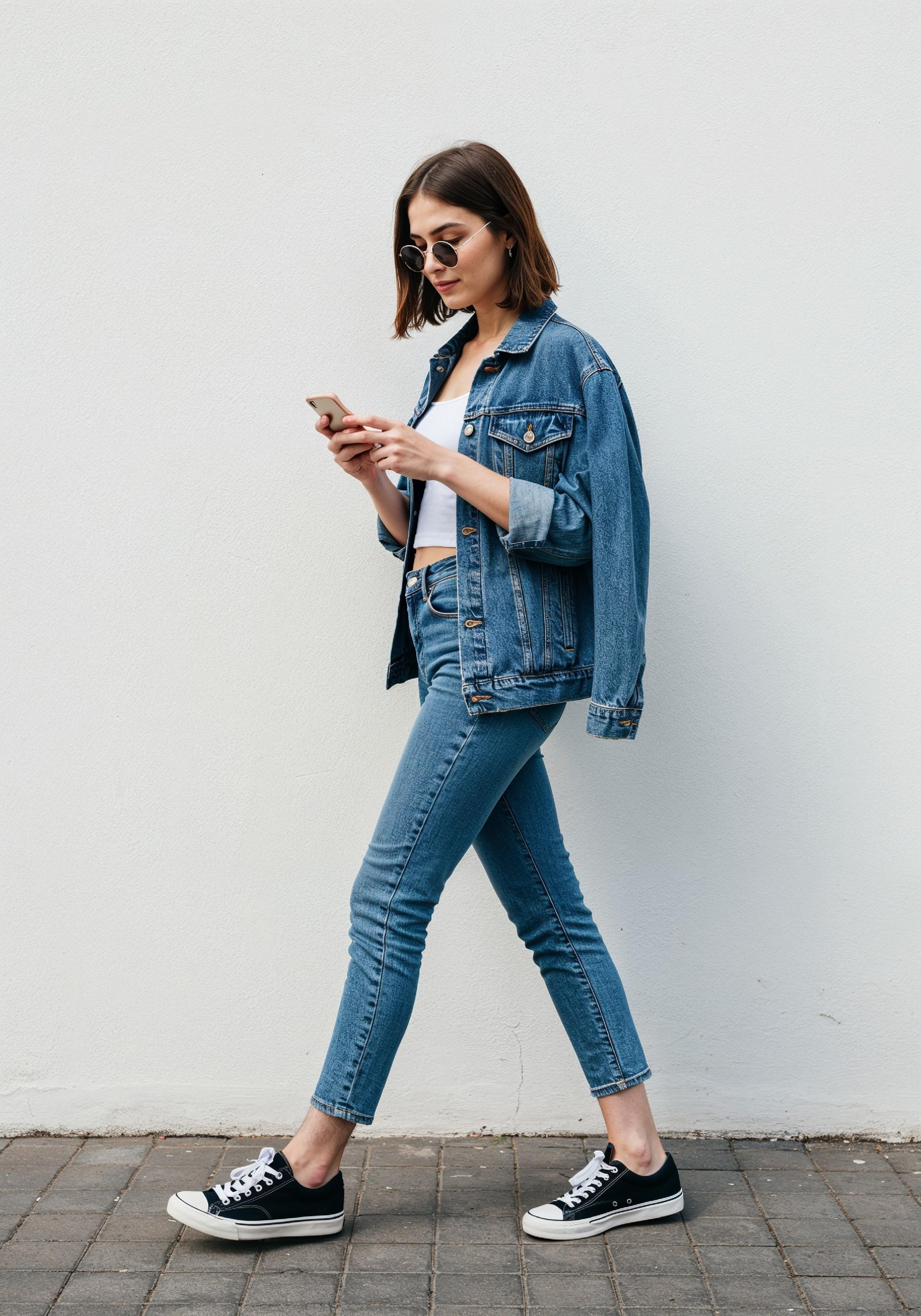 Stylish Young Woman in Denim Jacket and Jeans Casual Street Fashion Portrait