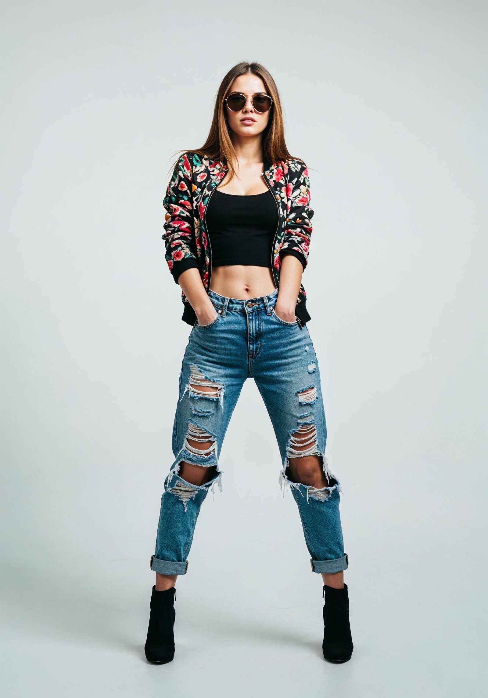 Stylish Young Woman in Floral Jacket and Ripped Jeans Trendy Street Fashion Portrait