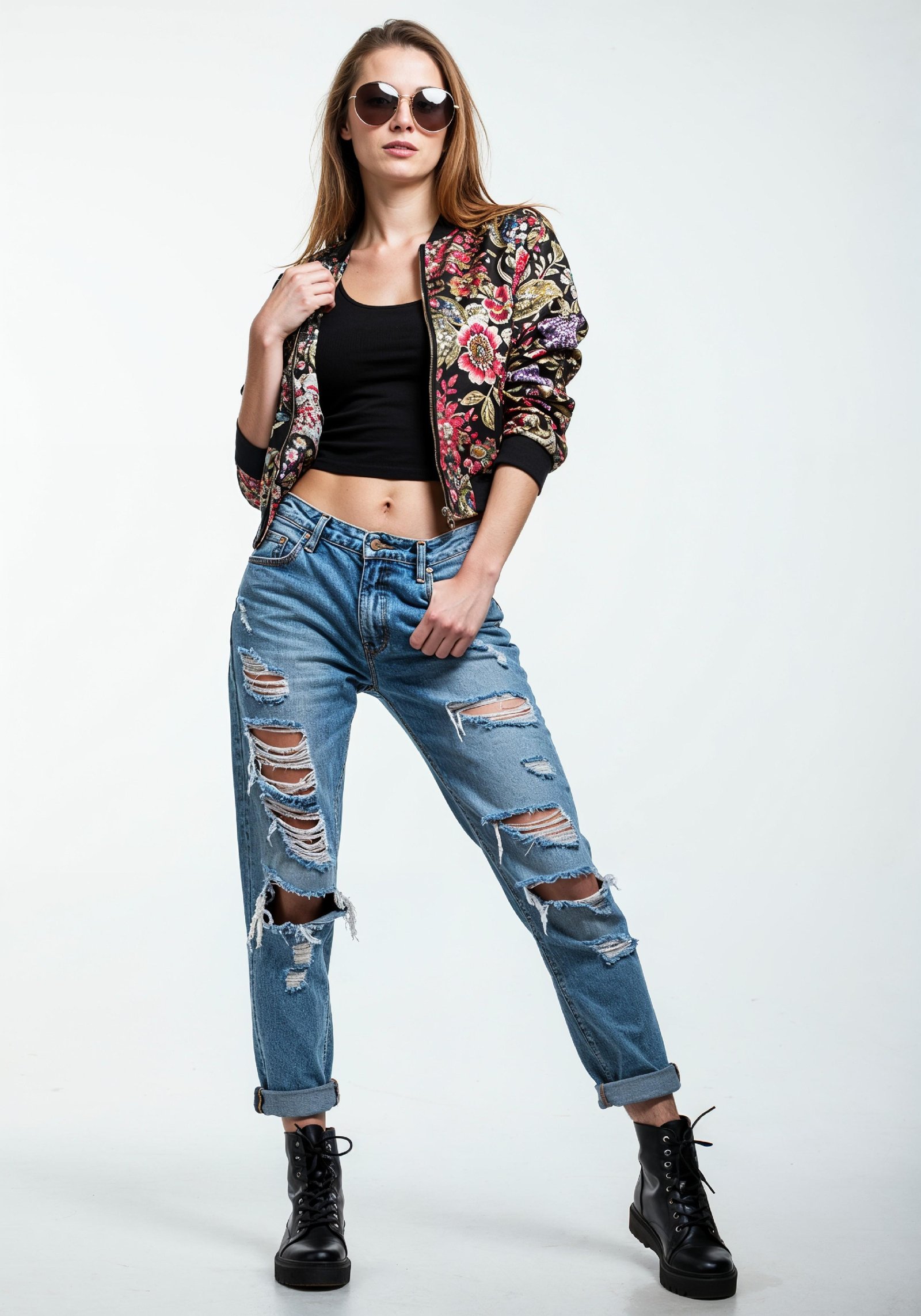 Stylish Young Woman in Floral Jacket and Ripped Jeans Trendy Street Fashion Portrait