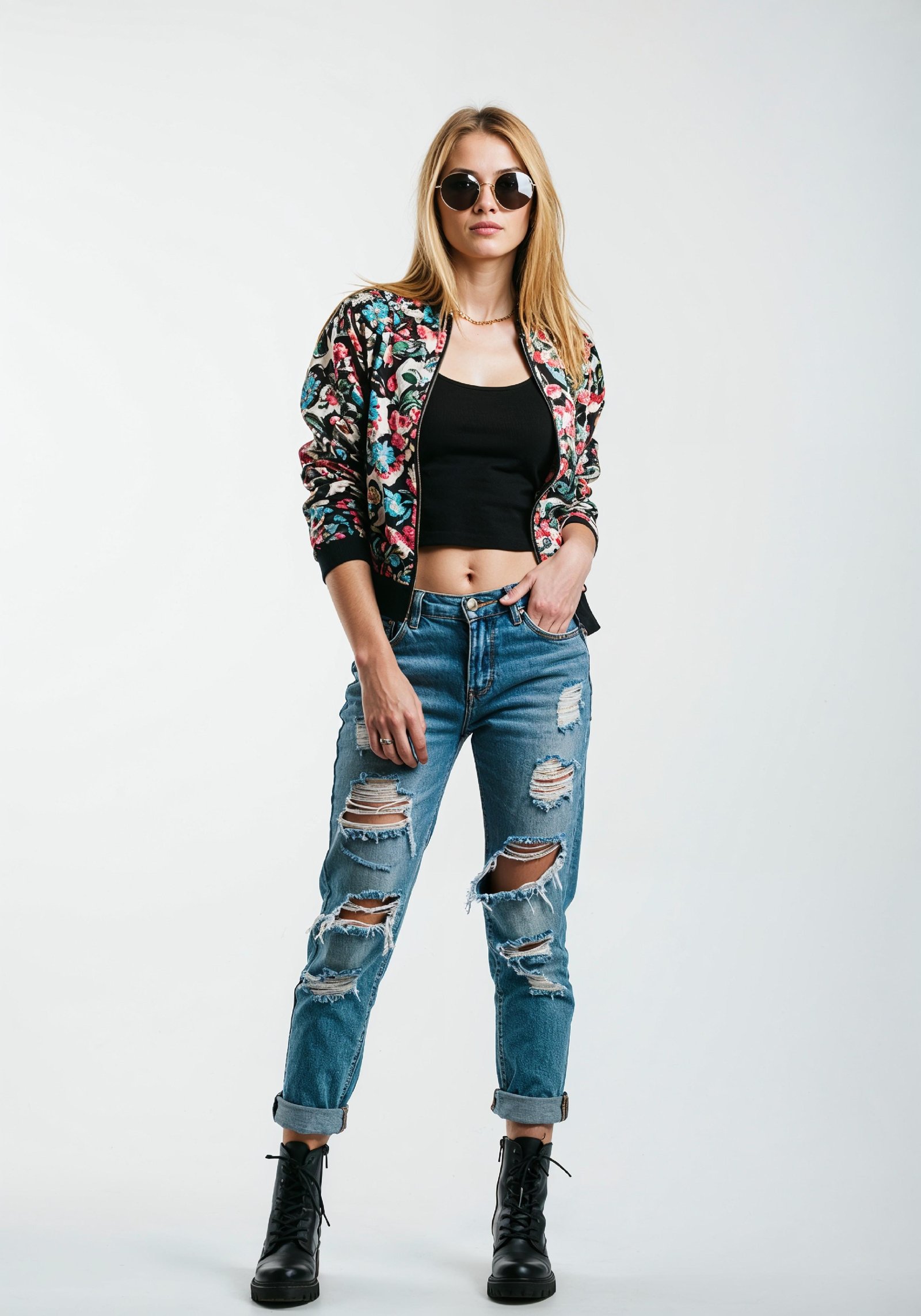 Stylish Young Woman in Floral Jacket and Ripped Jeans Trendy Street Fashion Portrait