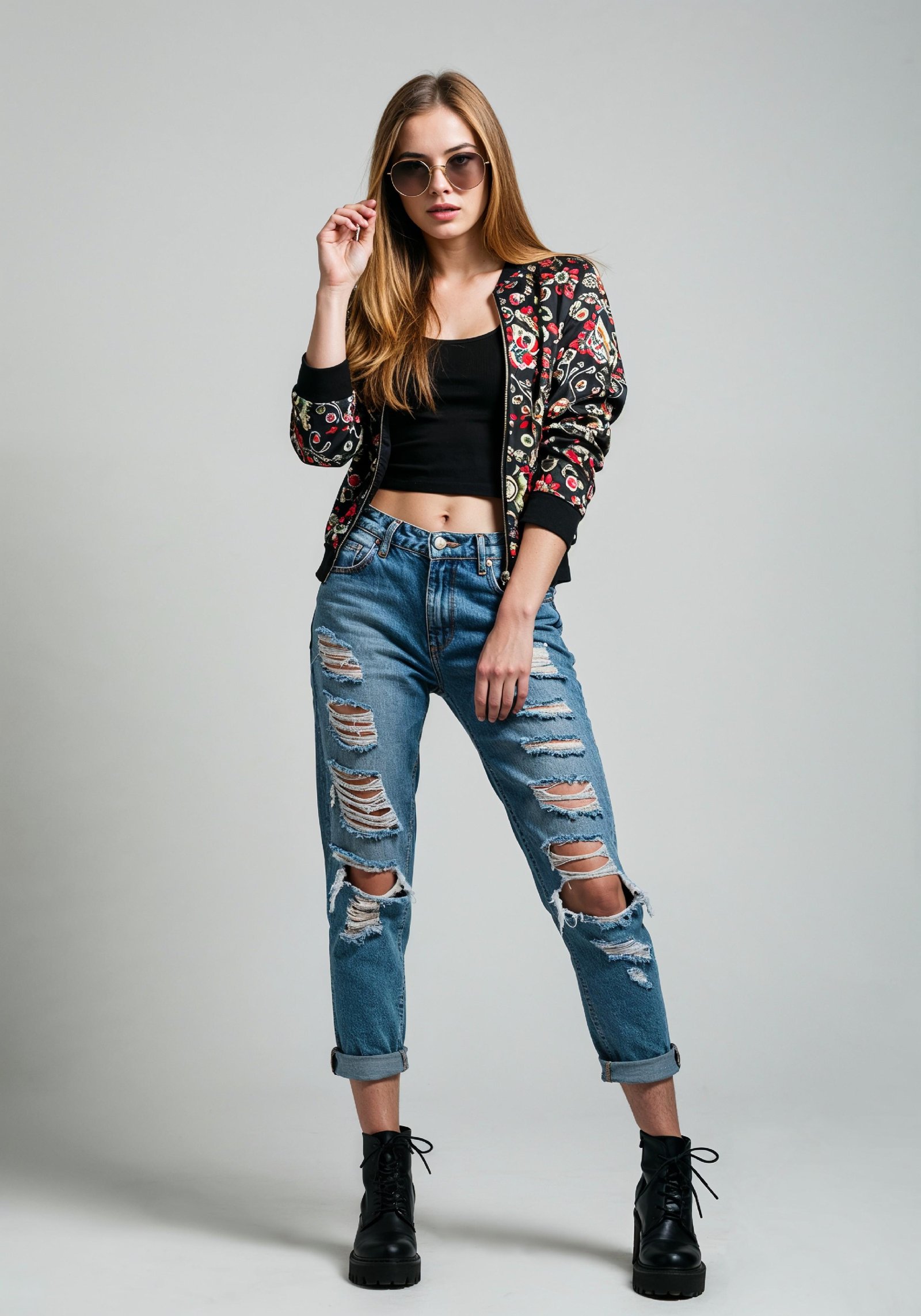 Stylish Young Woman in Floral Jacket and Ripped Jeans Trendy Street Fashion Portrait
