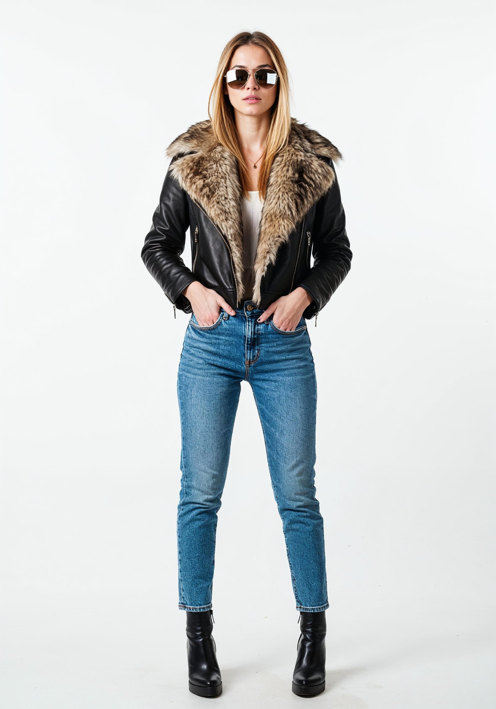 Stylish Young Woman in Fur Collar Leather Jacket and Skinny Jeans Fashion Portrait