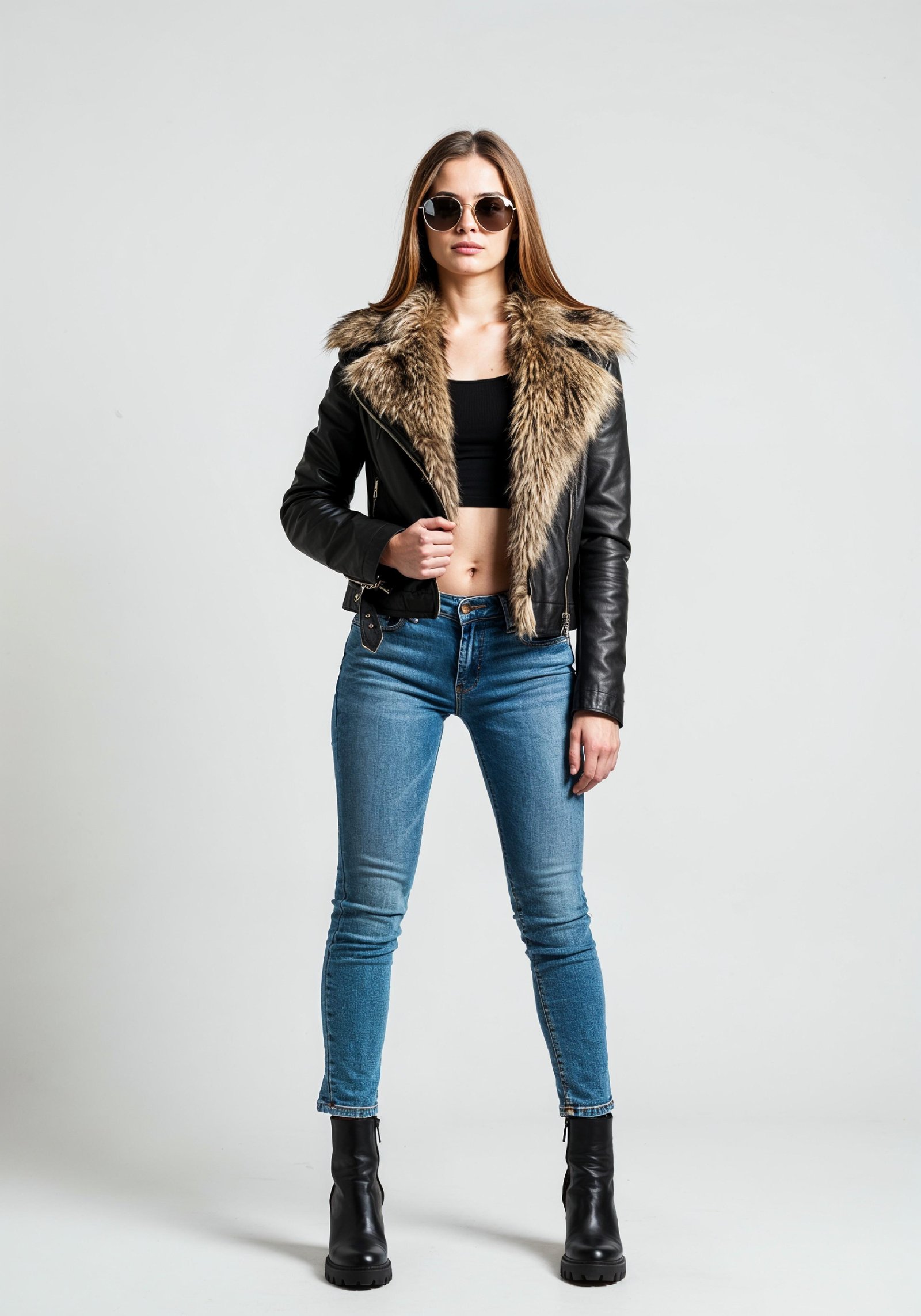 Stylish Young Woman in Fur Collar Leather Jacket and Skinny Jeans Fashion Portrait