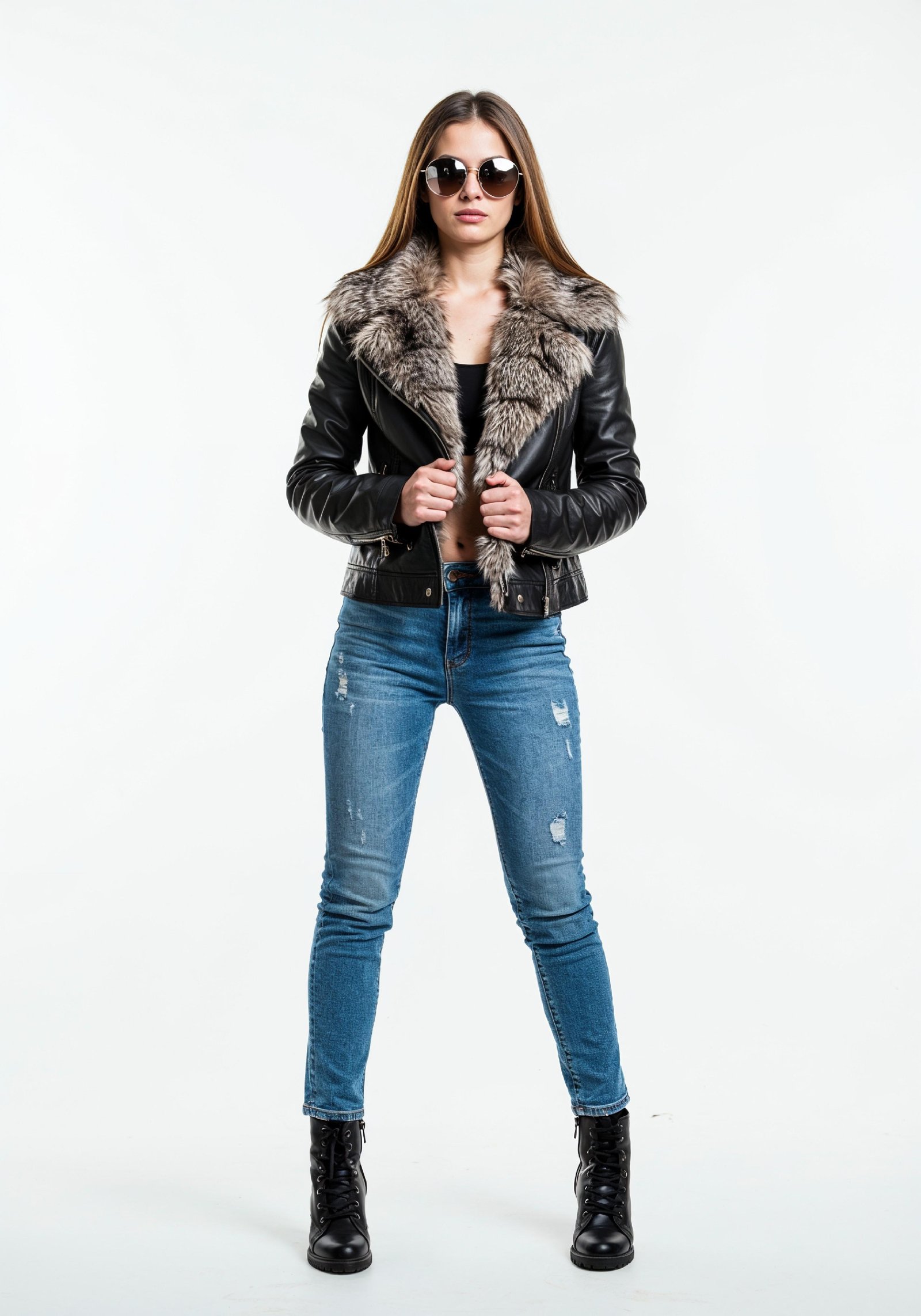 Stylish Young Woman in Fur Collar Leather Jacket and Skinny Jeans Fashion Portrait