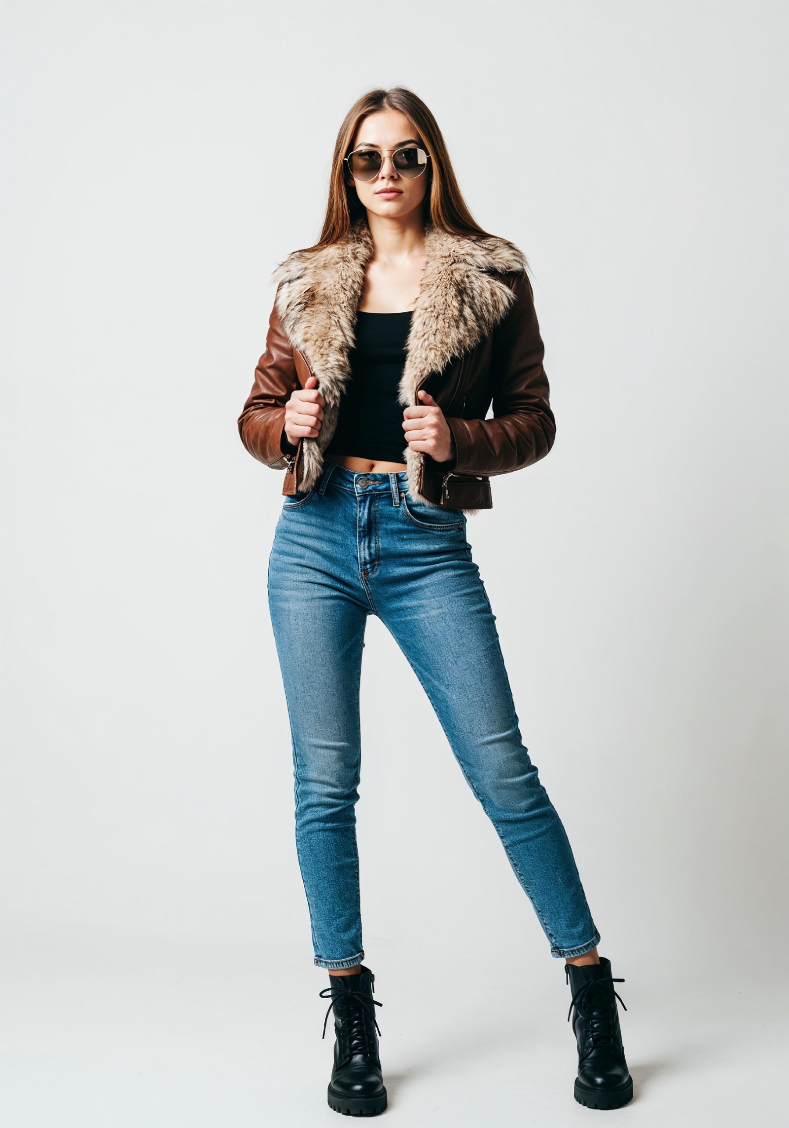 Stylish Young Woman in Fur Collar Leather Jacket and Skinny Jeans Fashion Portrait