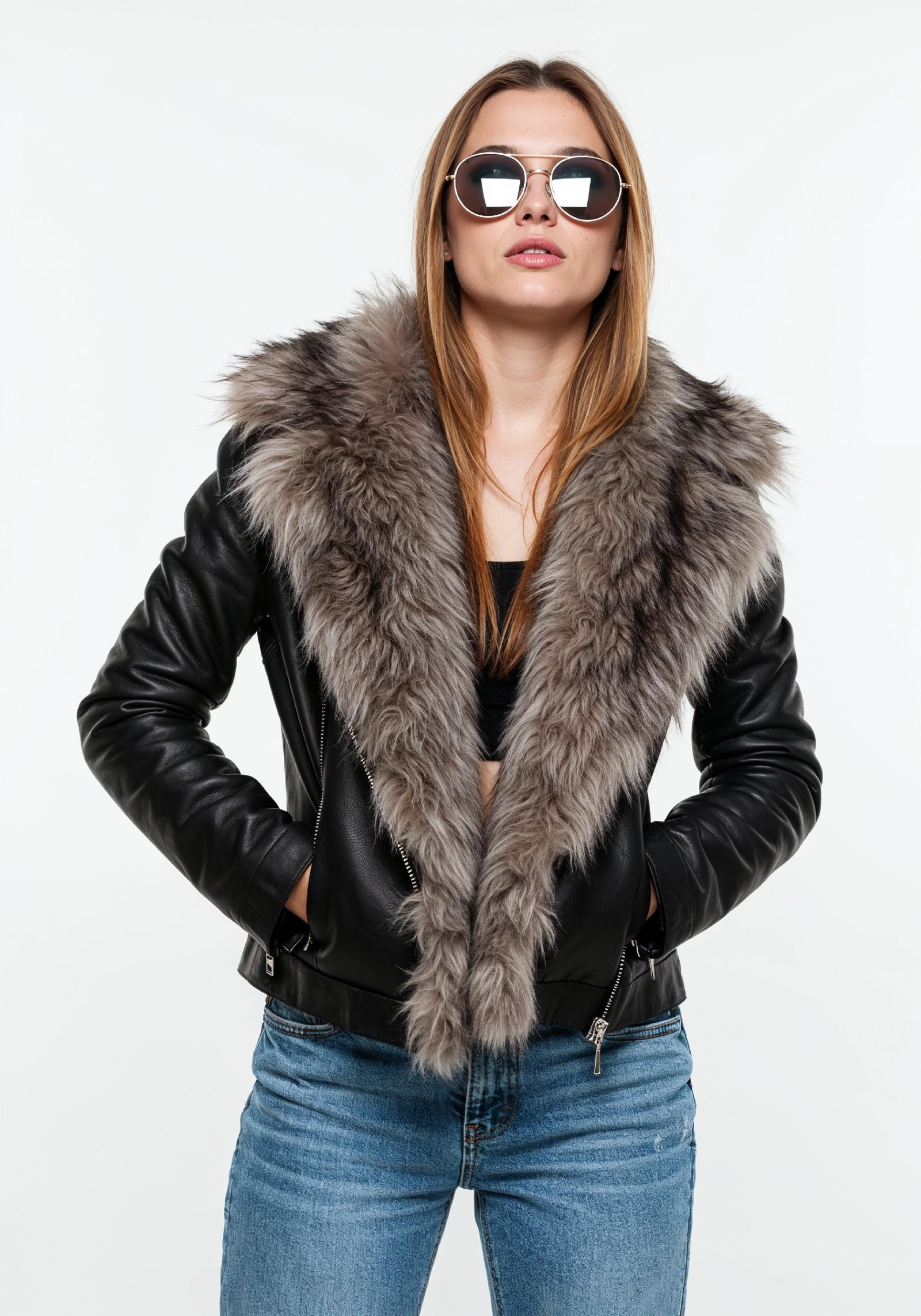 Stylish Young Woman in Fur Collar Leather Jacket and Skinny Jeans Fashion Portrait
