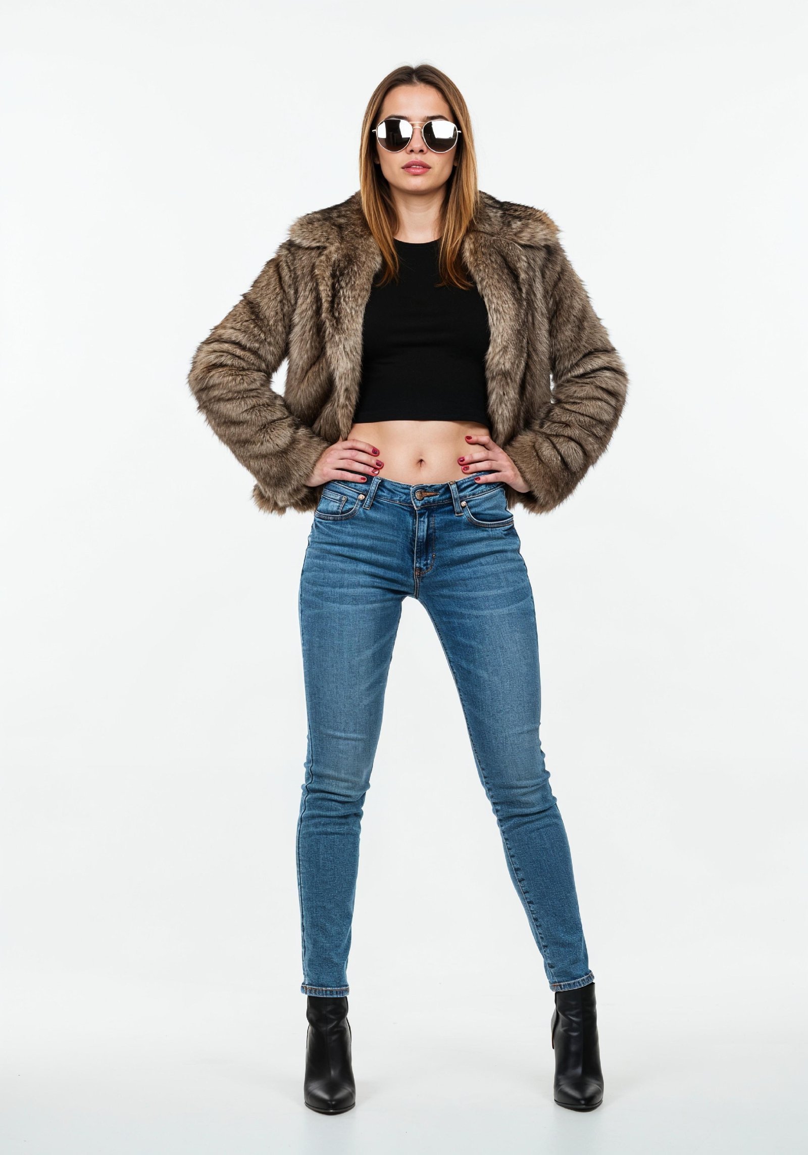 Stylish Young Woman in Fur Collar Leather Jacket and Skinny Jeans Fashion Portrait