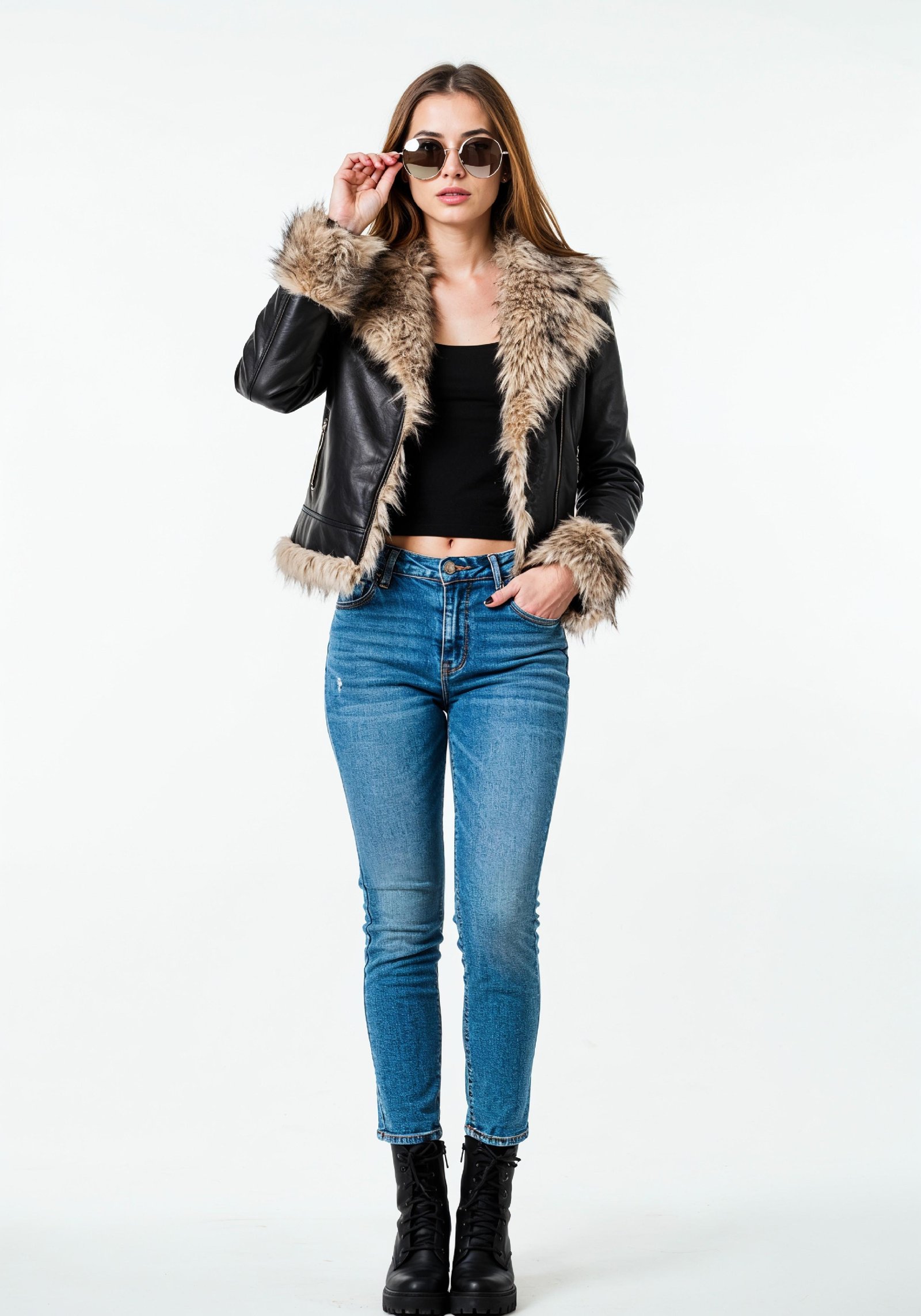 Stylish Young Woman in Fur Collar Leather Jacket and Skinny Jeans Fashion Portrait