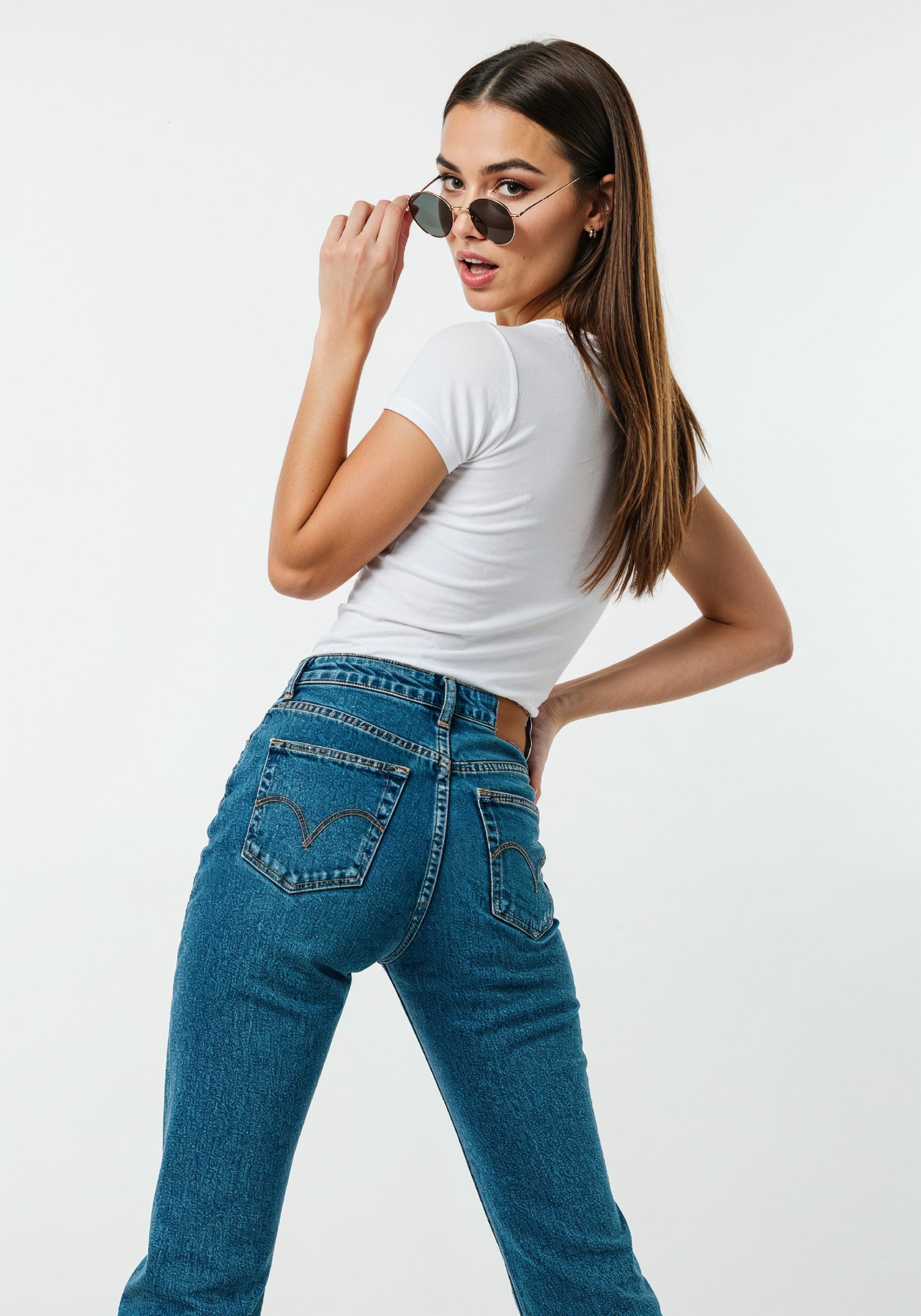 Stylish Young Woman in High Waist Jeans and White T Shirt Casual Fashion Portrait