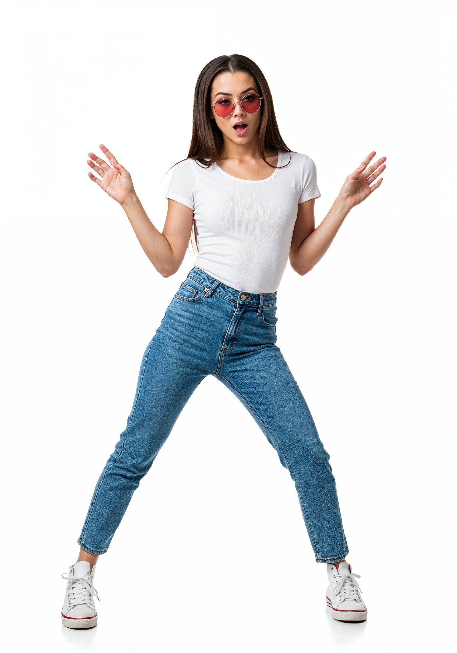 Stylish Young Woman in High Waist Jeans and White T Shirt Casual Fashion Portrait