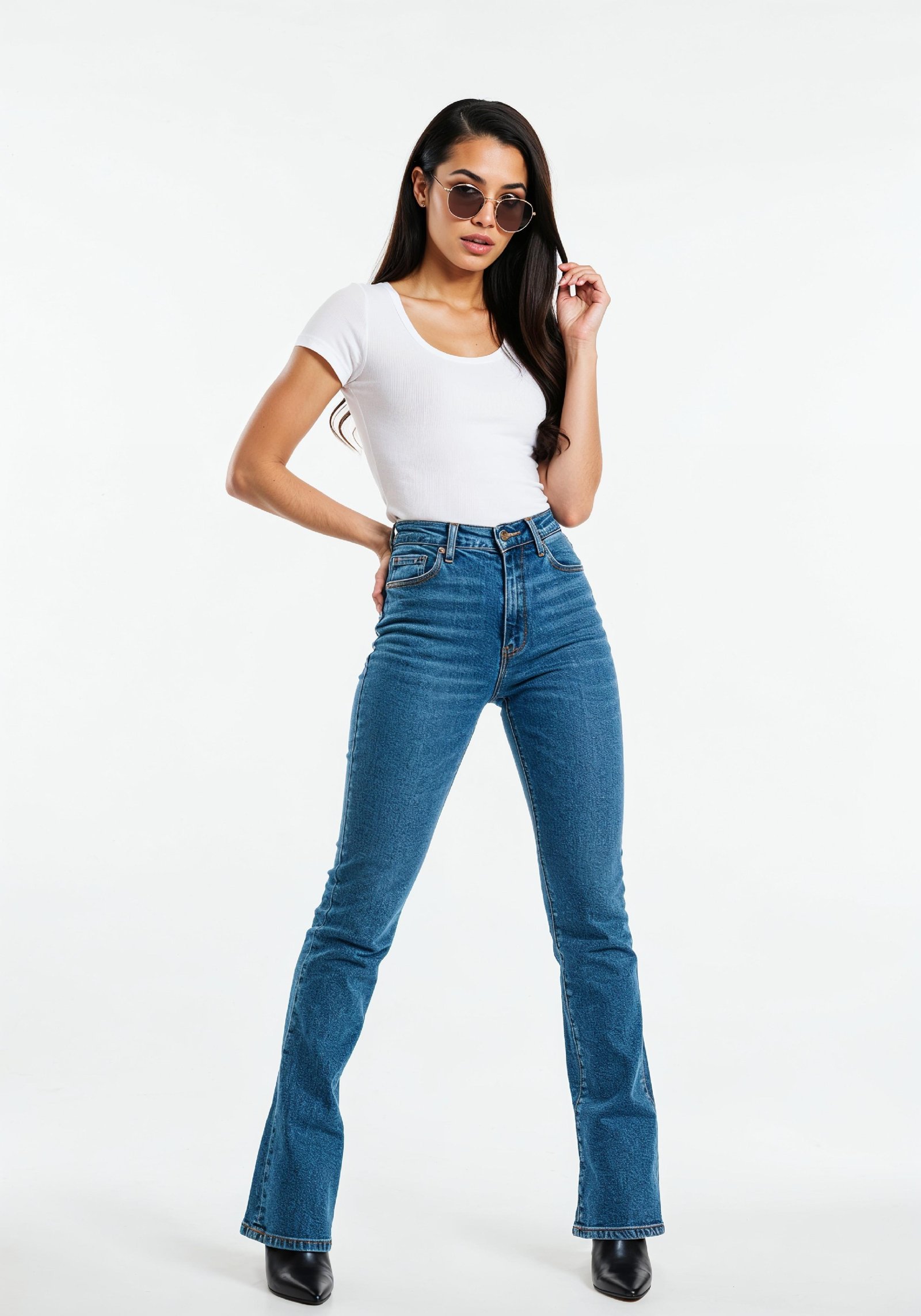 Stylish Young Woman in High Waist Jeans and White T Shirt Casual Fashion Portrait