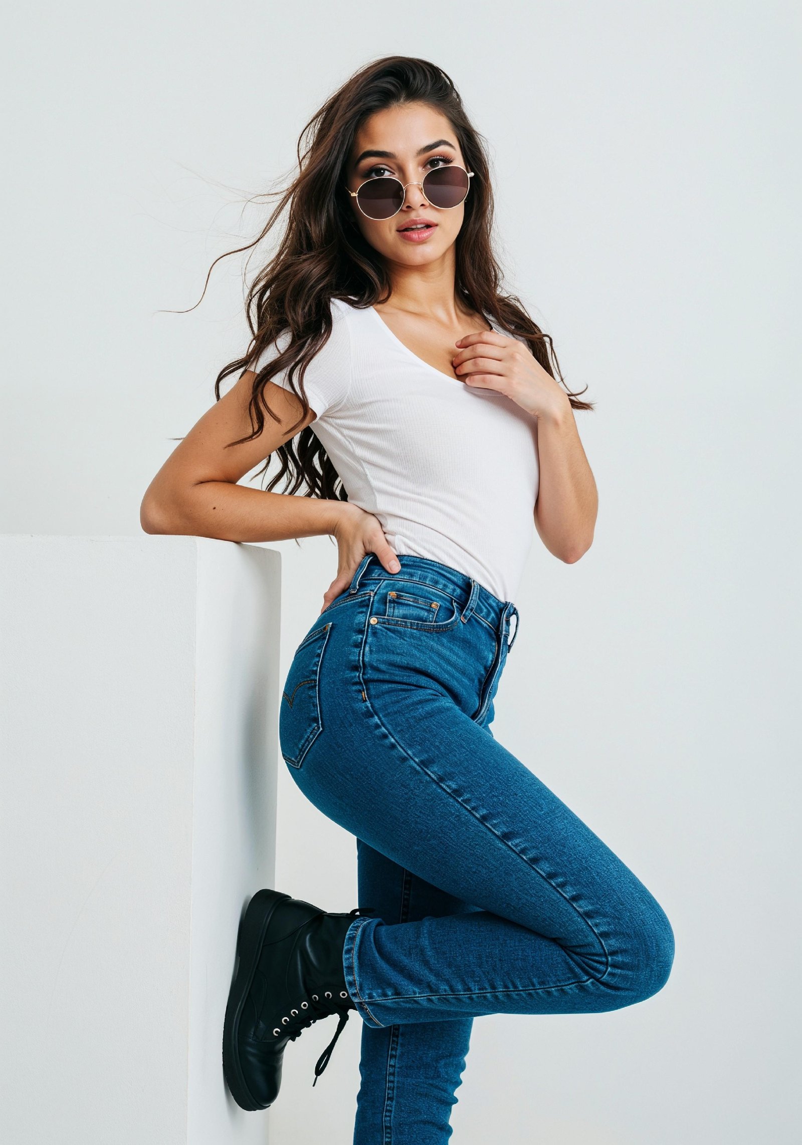 Stylish Young Woman in High Waist Jeans and White T Shirt Casual Fashion Portrait