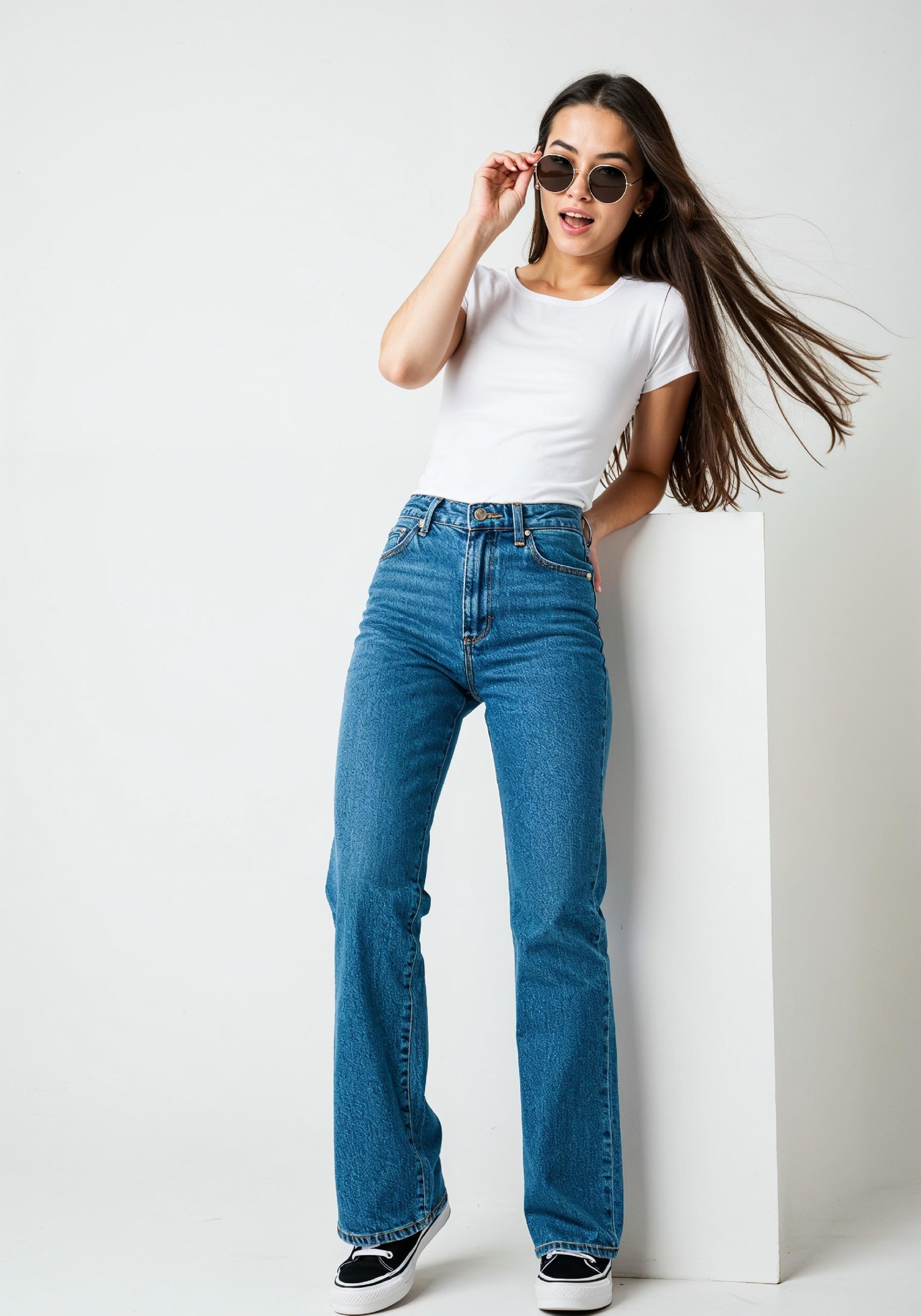 Stylish Young Woman in High Waist Jeans and White T Shirt Casual Fashion Portrait