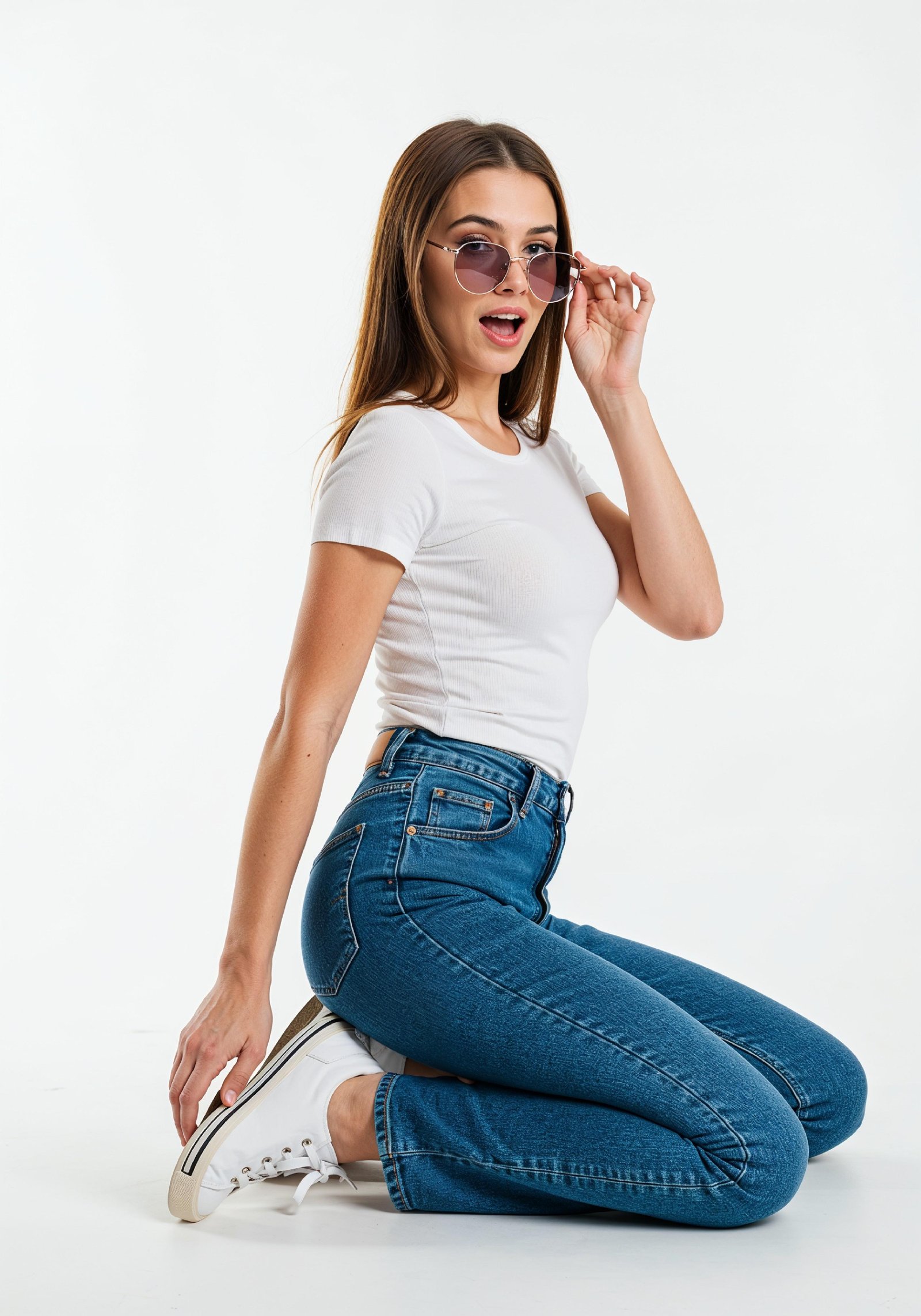 Stylish Young Woman in High Waist Jeans and White T Shirt Casual Fashion Portrait