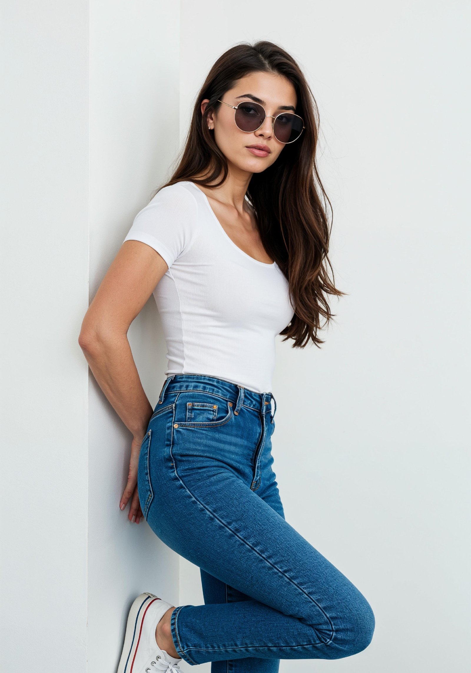 Stylish Young Woman in High Waist Jeans and White T Shirt Casual Fashion Portrait