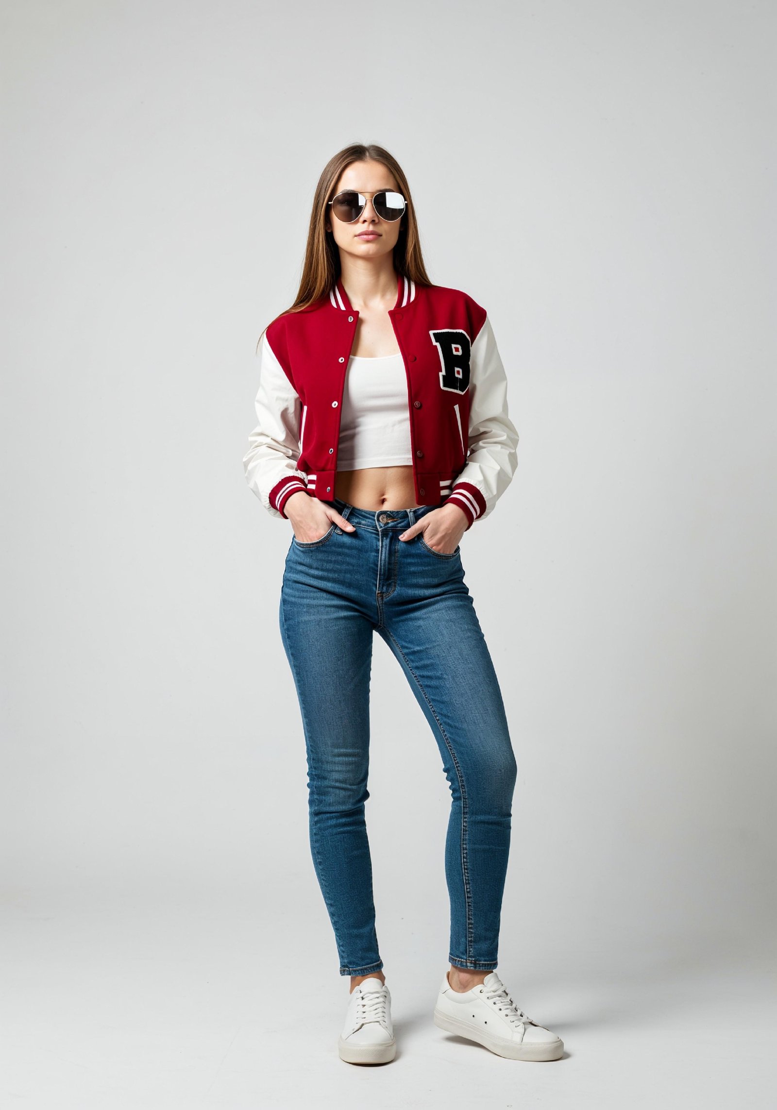 Stylish Young Woman in Varsity Jacket and Skinny Jeans Casual Fashion Portrait
