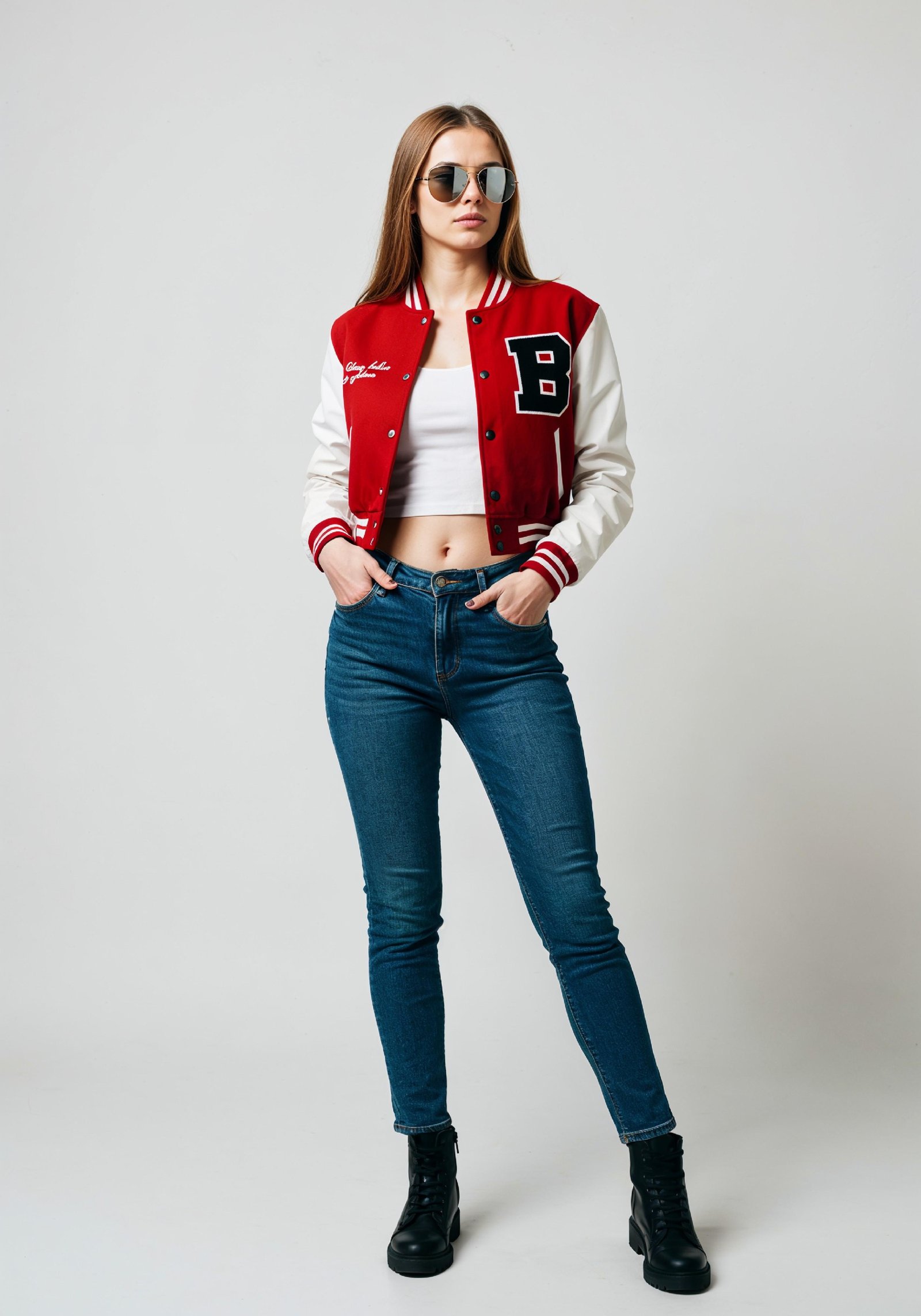 Stylish Young Woman in Varsity Jacket and Skinny Jeans Casual Fashion Portrait