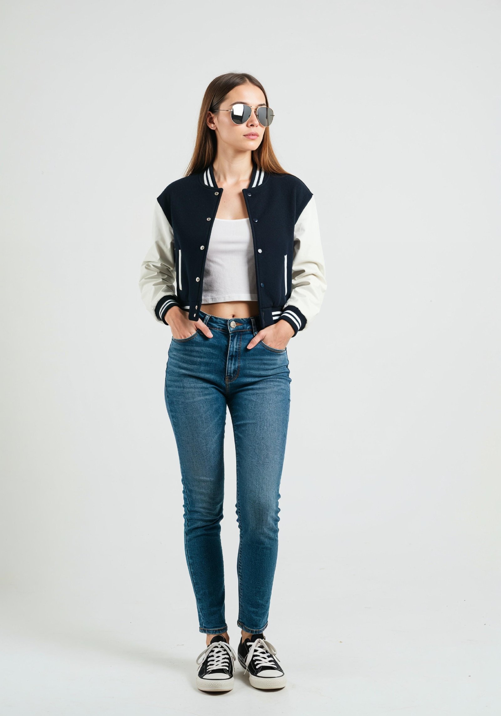 Stylish Young Woman in Varsity Jacket and Skinny Jeans Casual Fashion Portrait