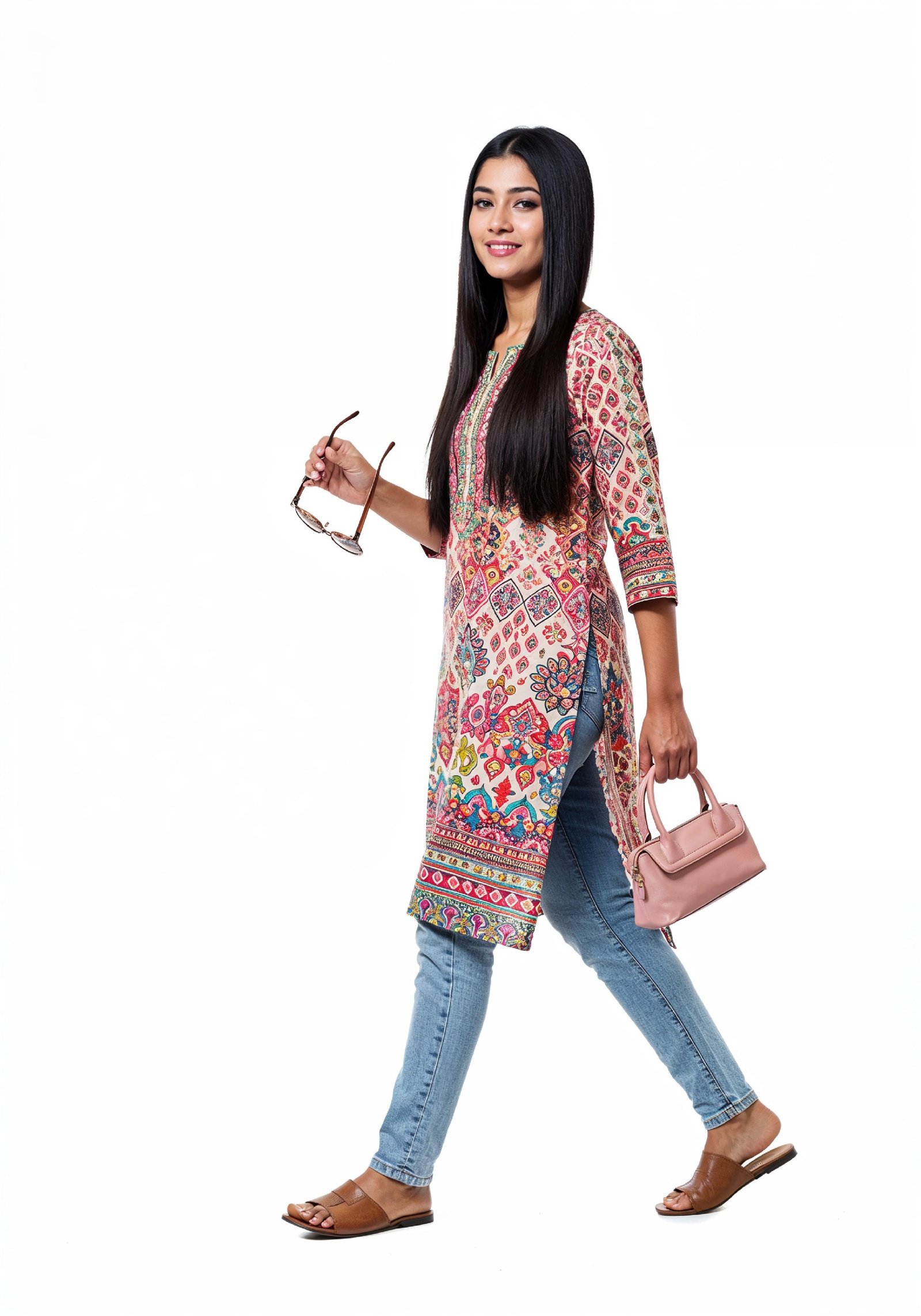 Stylish Young Woman Walking in Printed Kurti and Jeans Ethnic Fashion Portrait